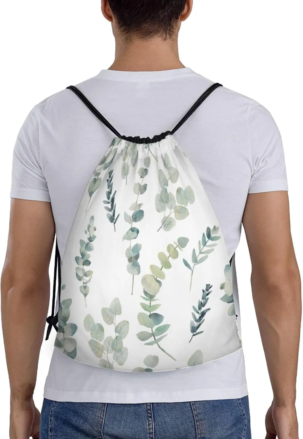 White Natural Greenery Twig Print Drawstring Bags,Gym Sport Sack Drawstring Bag Suitable for sport Swimming Travel.