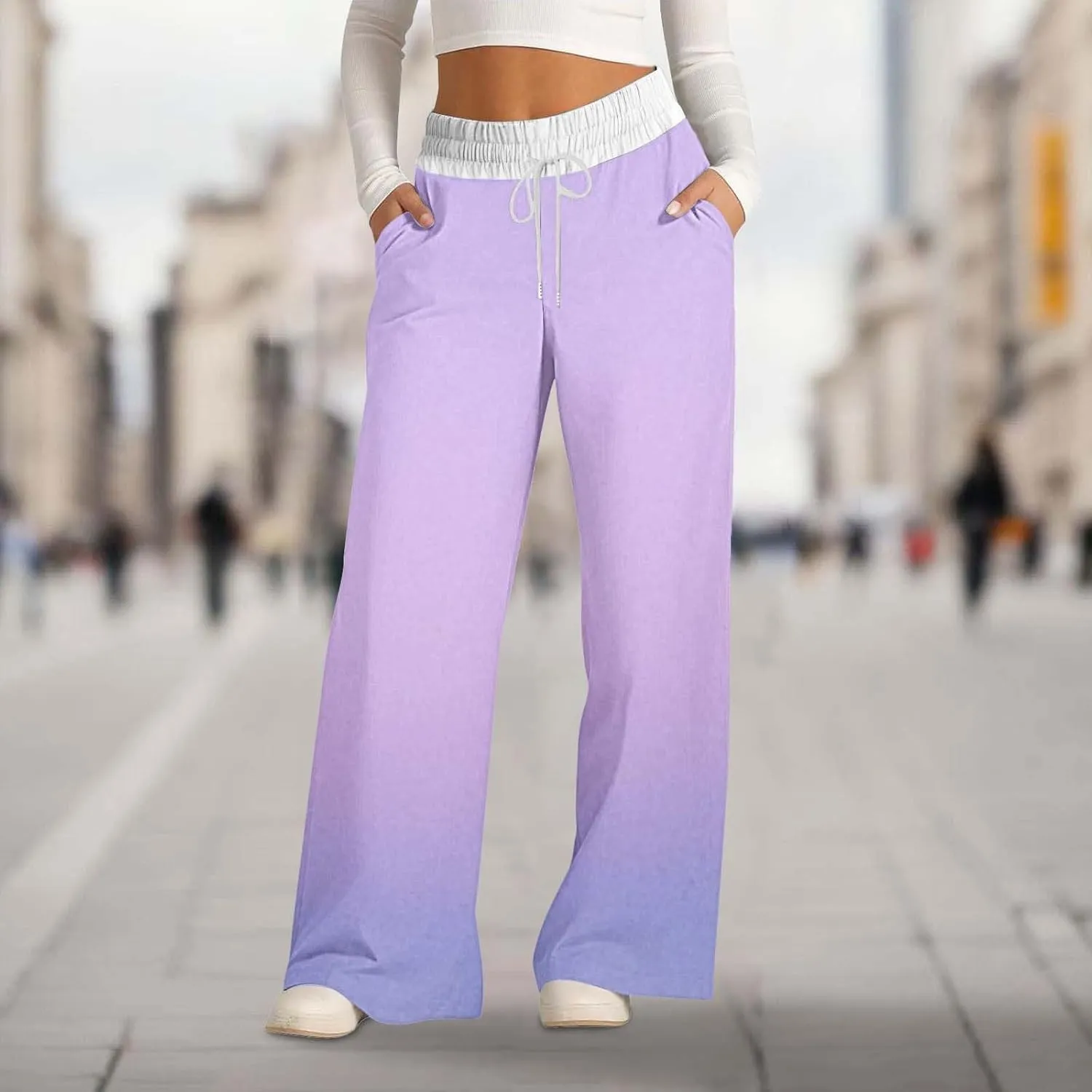 Wide Leg Flare Pants Women High Waisted Drawstring Sweatpants Elastic Casual Baggy Lounge Pants with Pockets