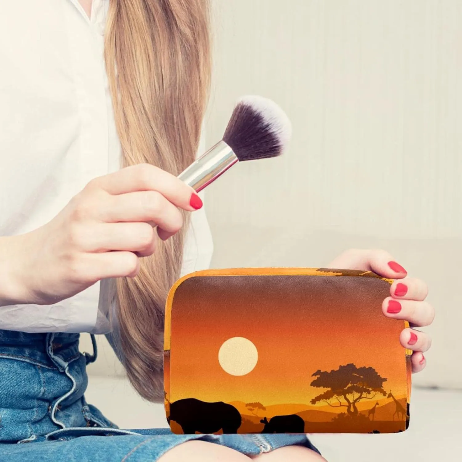 Wild African Rhino Sunset Safari Animals Small Makeup Bags for Women Teen Girls, Makeup Storage Bag with Zipper Accessories Organizer Bag for Travelling
