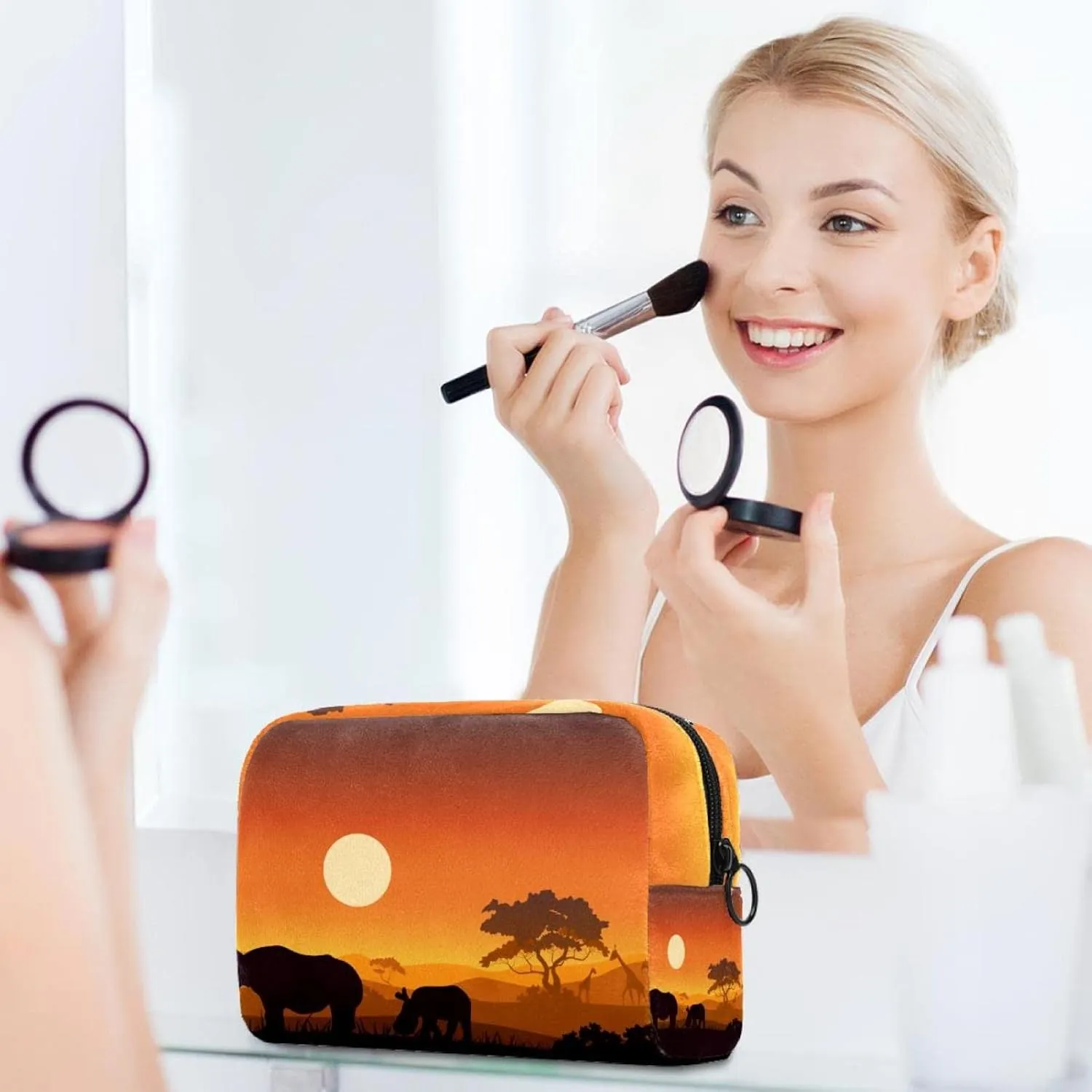Wild African Rhino Sunset Safari Animals Small Makeup Bags for Women Teen Girls, Makeup Storage Bag with Zipper Accessories Organizer Bag for Travelling