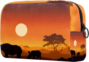Wild African Rhino Sunset Safari Animals Small Makeup Bags for Women Teen Girls, Makeup Storage Bag with Zipper Accessories Organizer Bag for Travelling