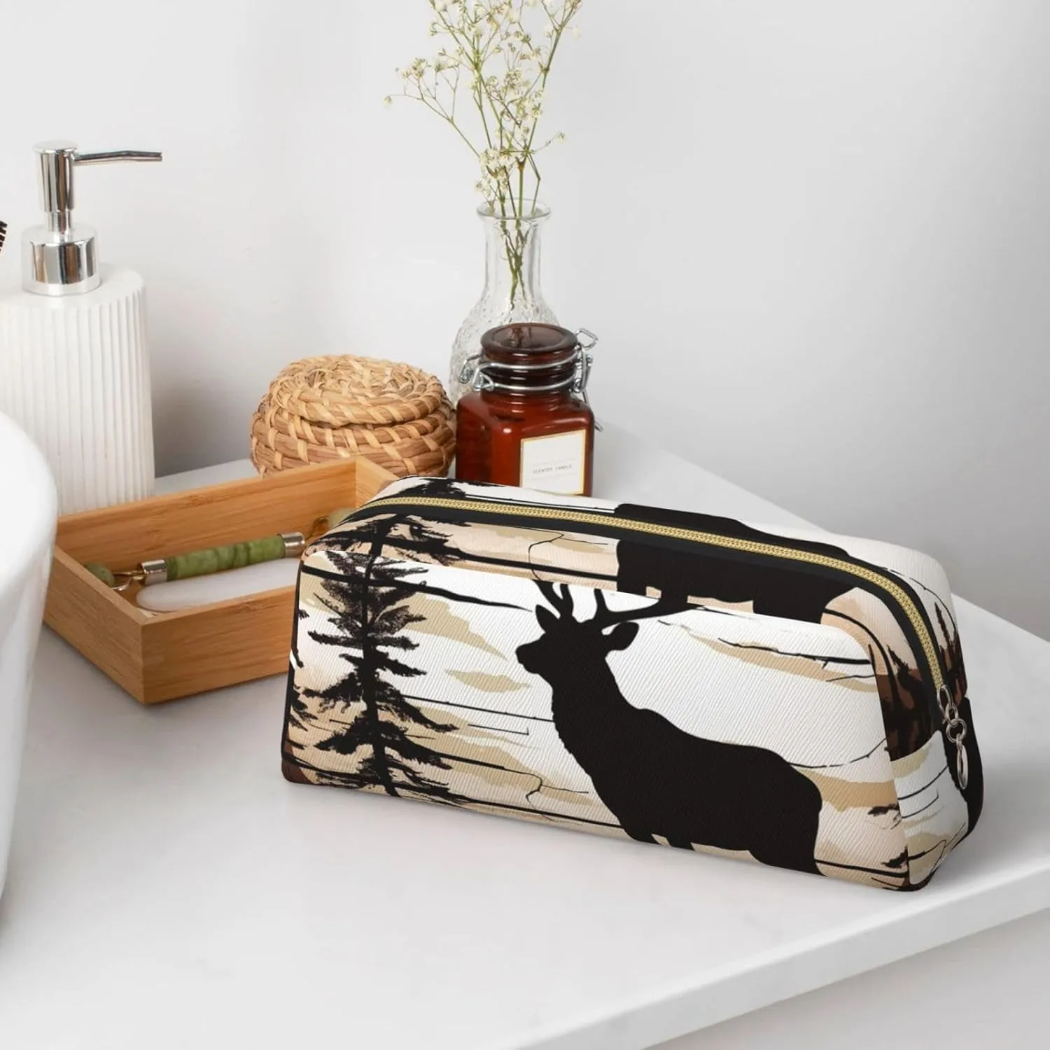 Wild Elk silhouette Makeup Bag for Women Men Travel Toiletry Bag Aesthetic Purse Pouch Large Pencil Case