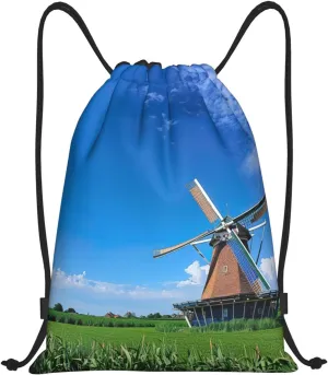 Windmill Blue Print Drawstring Bags,Gym Sport Sack Drawstring Bag Suitable for sport Swimming Travel.