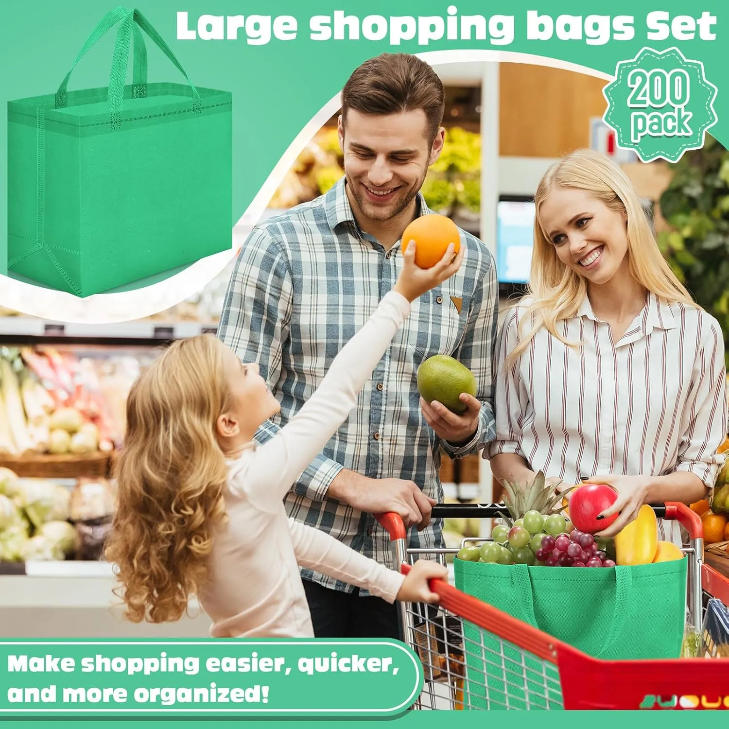 Windyun 200 Pcs Reusable Grocery Bags Large Non Woven Shopping Bags Foldable Portable Tote Carryall Bulk(Forest Green)