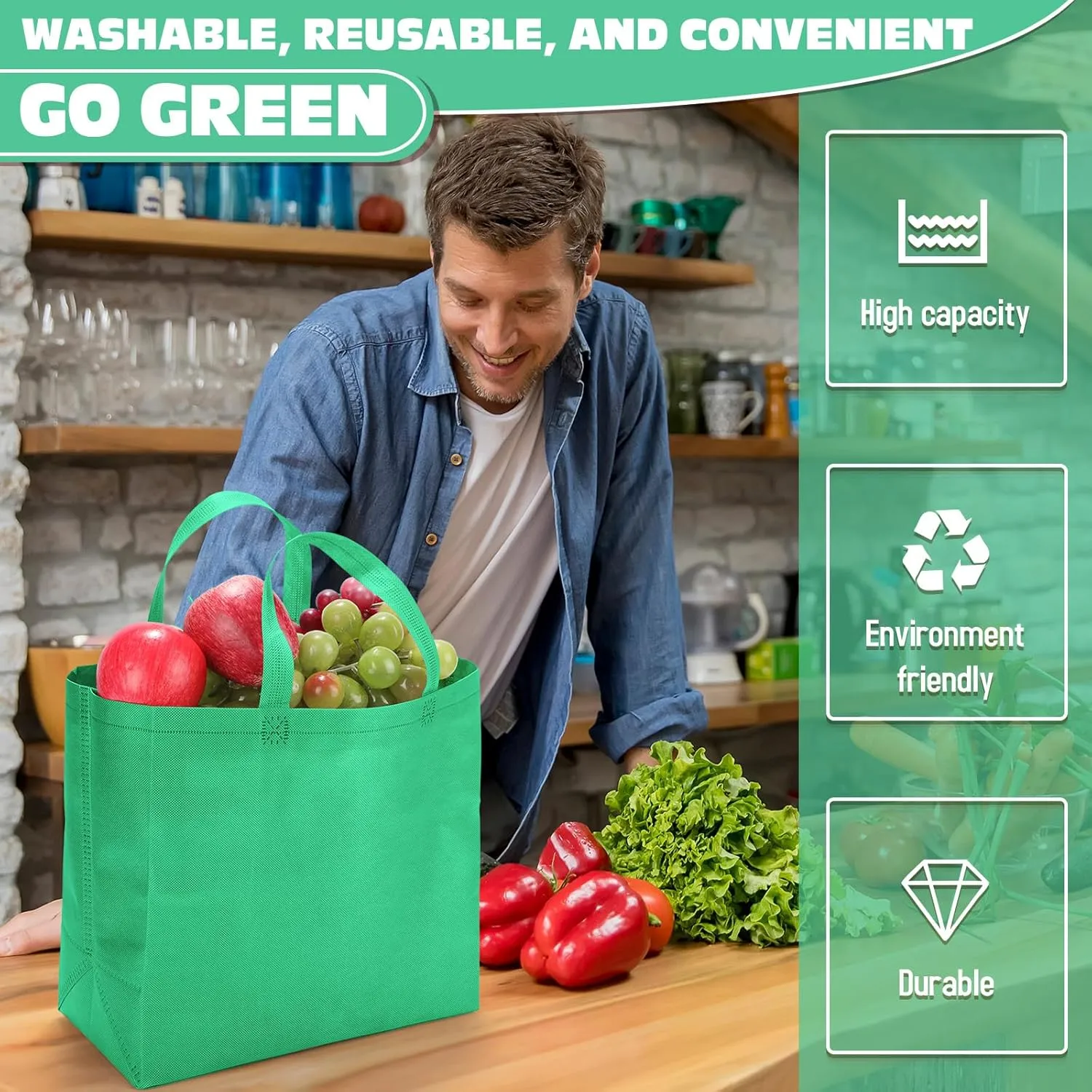 Windyun 200 Pcs Reusable Grocery Bags Large Non Woven Shopping Bags Foldable Portable Tote Carryall Bulk(Forest Green)