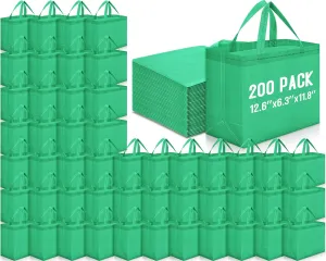 Windyun 200 Pcs Reusable Grocery Bags Large Non Woven Shopping Bags Foldable Portable Tote Carryall Bulk(Forest Green)