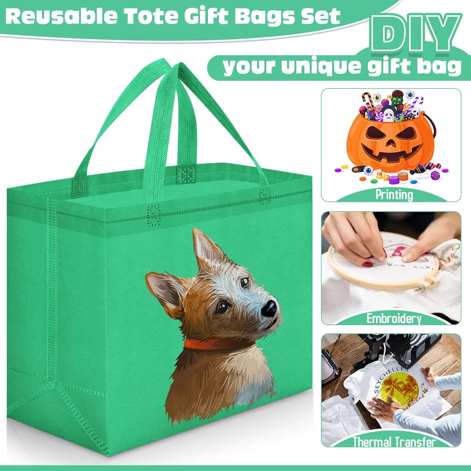 Windyun 200 Pcs Reusable Grocery Bags Large Non Woven Shopping Bags Foldable Portable Tote Carryall Bulk(Forest Green)