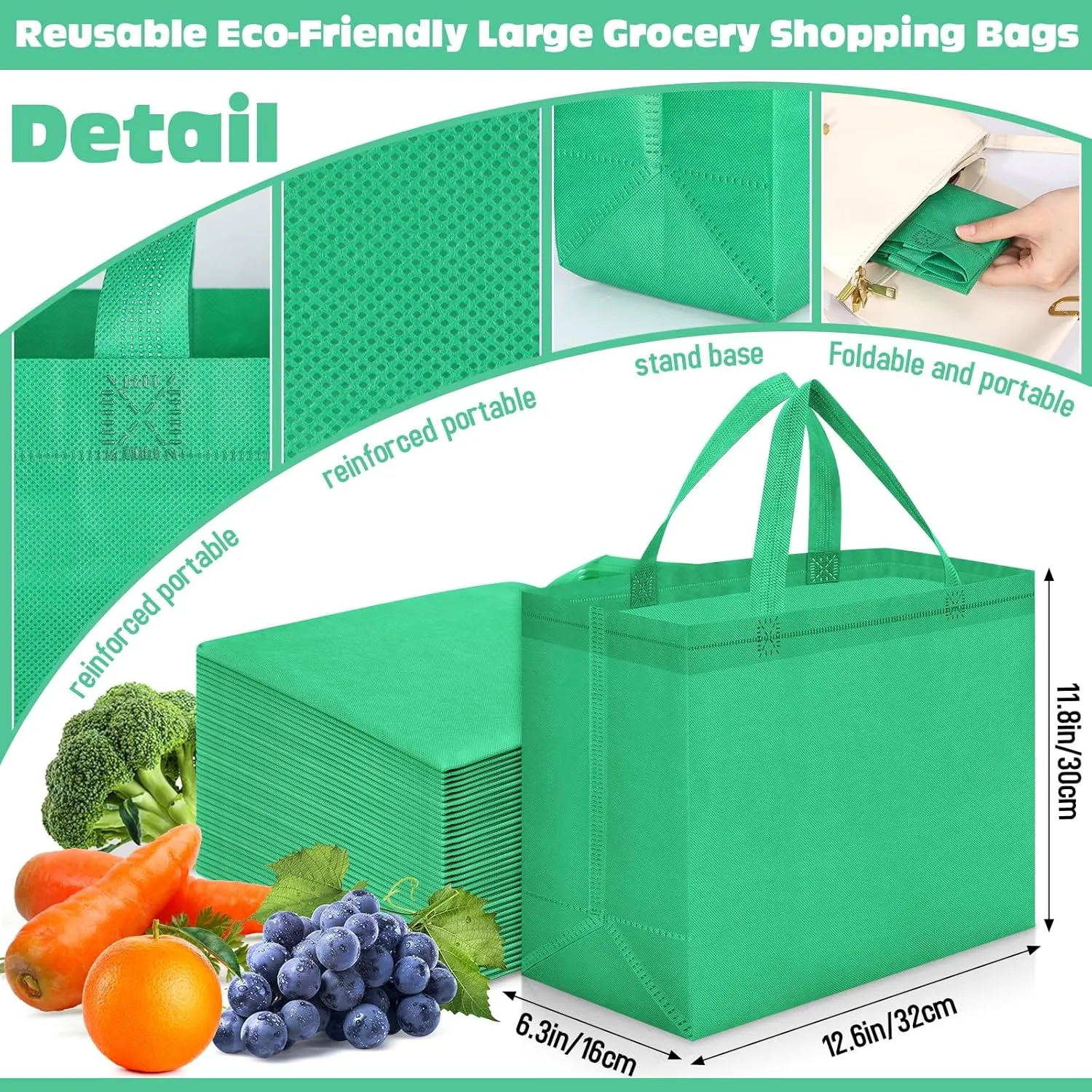 Windyun 200 Pcs Reusable Grocery Bags Large Non Woven Shopping Bags Foldable Portable Tote Carryall Bulk(Forest Green)