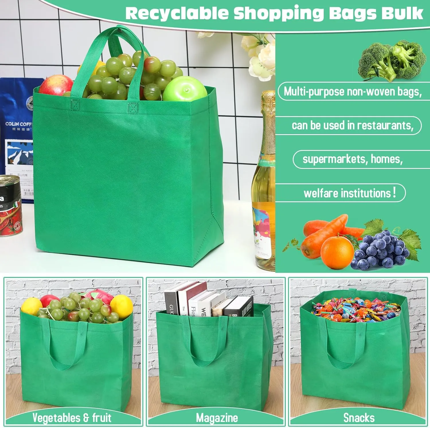 Windyun 200 Pcs Reusable Grocery Bags Large Non Woven Shopping Bags Foldable Portable Tote Carryall Bulk(Forest Green)