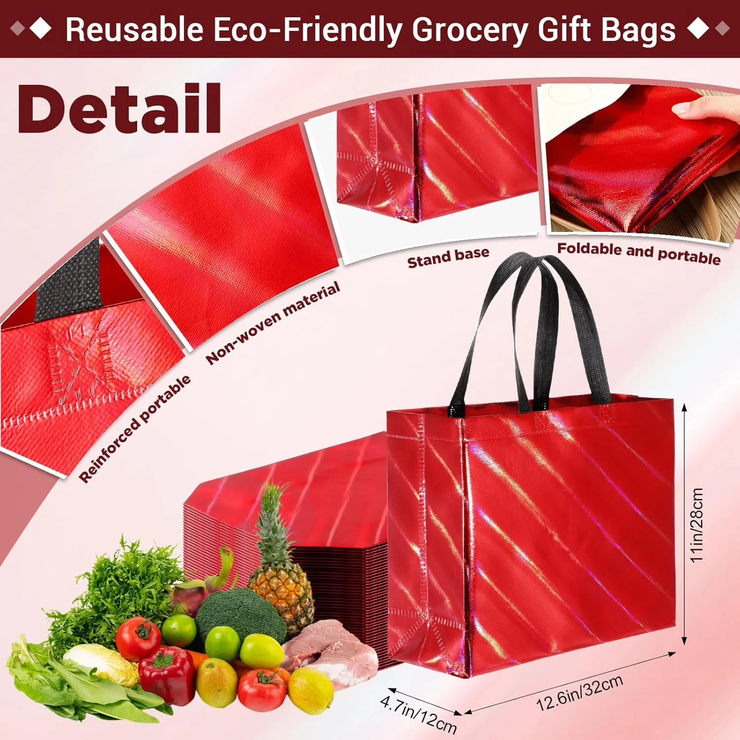 Windyun 50 Pcs Reusable Gift Bags with Handle Shiny Non Woven Holiday Goodie Bags Bulk Twill Laser Shopping Tote for Easter Birthday Wedding Party(Red,12.6x4.7x11 in)