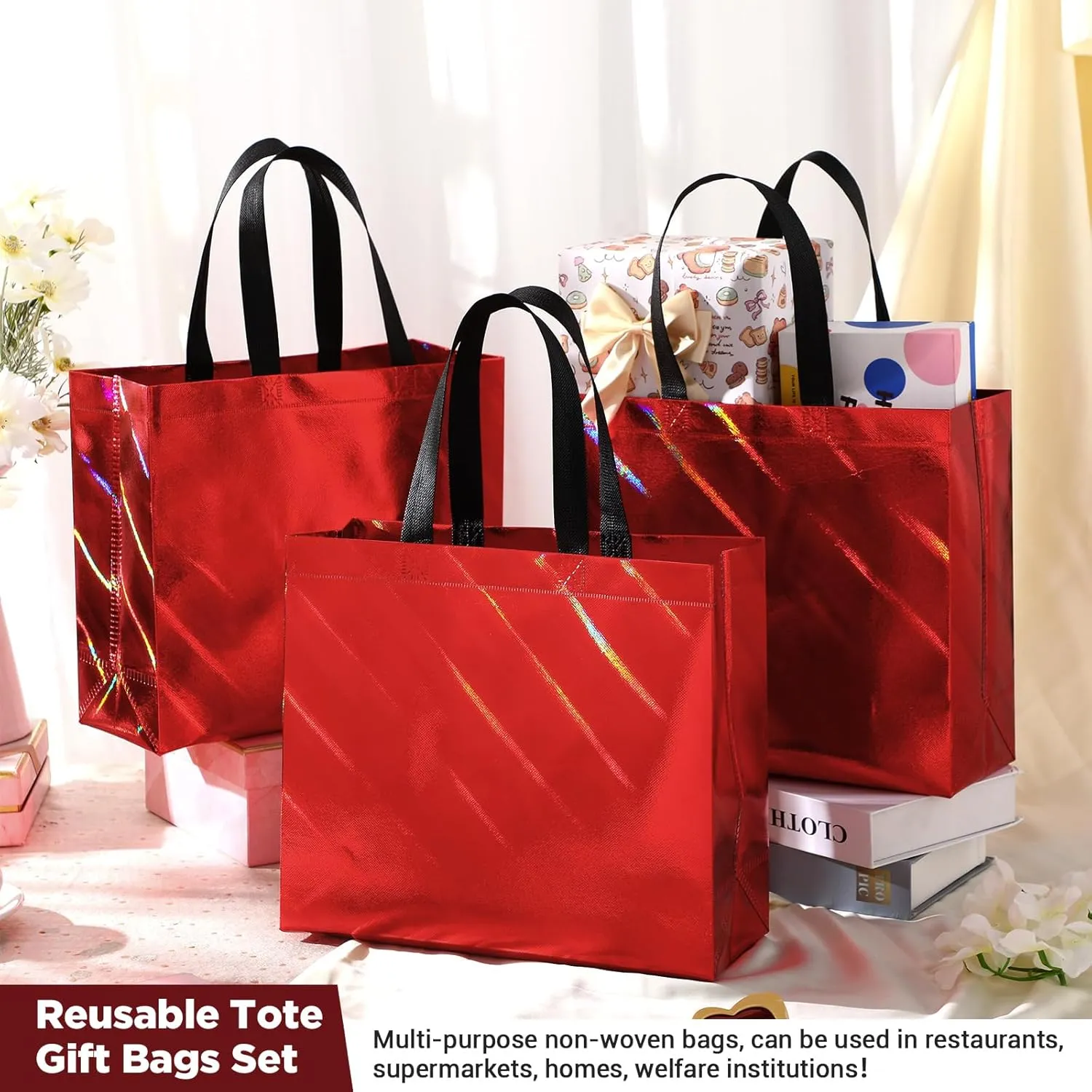 Windyun 50 Pcs Reusable Gift Bags with Handle Shiny Non Woven Holiday Goodie Bags Bulk Twill Laser Shopping Tote for Easter Birthday Wedding Party(Red,12.6x4.7x11 in)