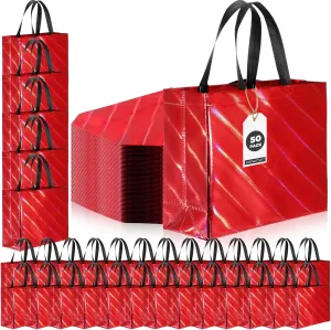 Windyun 50 Pcs Reusable Gift Bags with Handle Shiny Non Woven Holiday Goodie Bags Bulk Twill Laser Shopping Tote for Easter Birthday Wedding Party(Red,12.6x4.7x11 in)