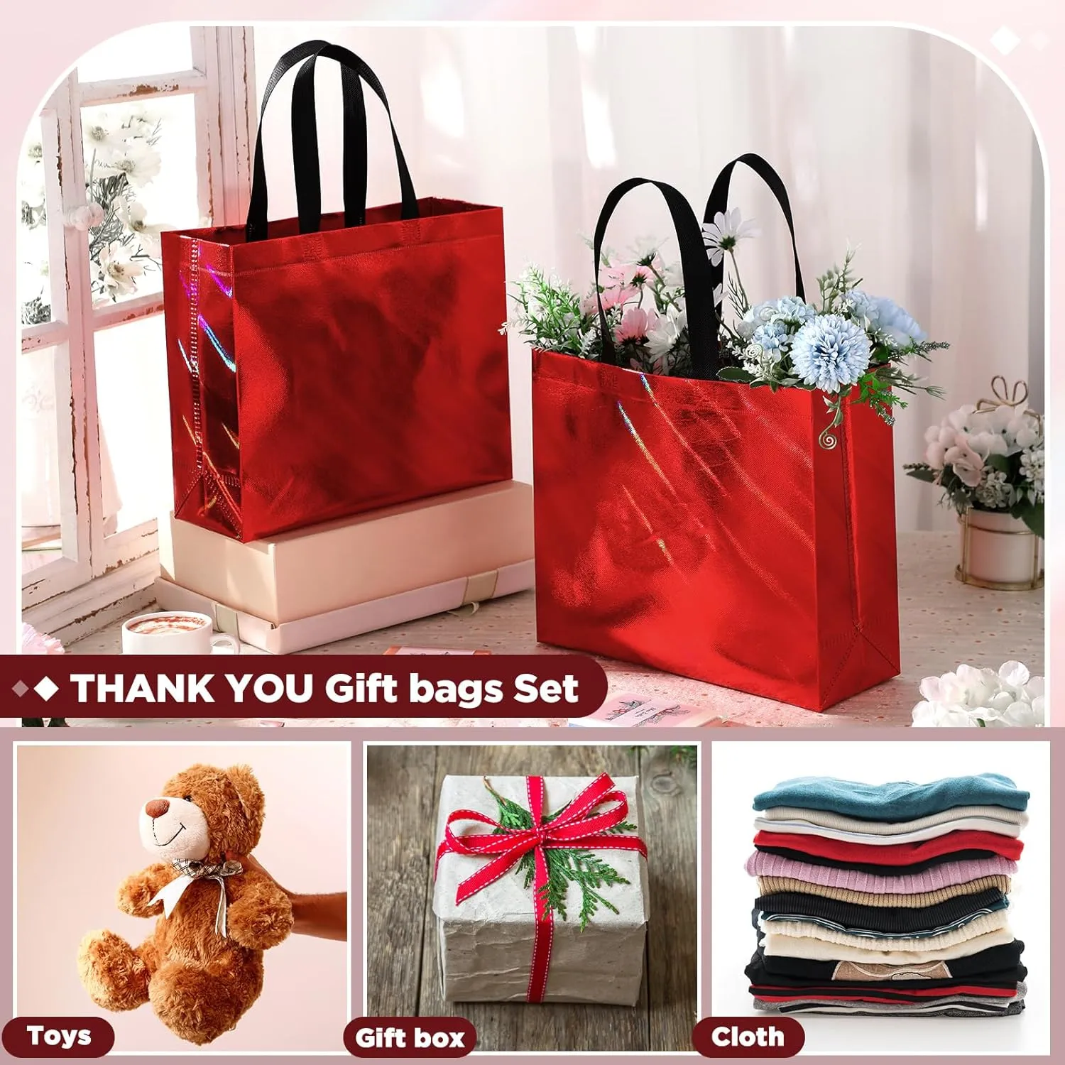 Windyun 50 Pcs Reusable Gift Bags with Handle Shiny Non Woven Holiday Goodie Bags Bulk Twill Laser Shopping Tote for Easter Birthday Wedding Party(Red,12.6x4.7x11 in)