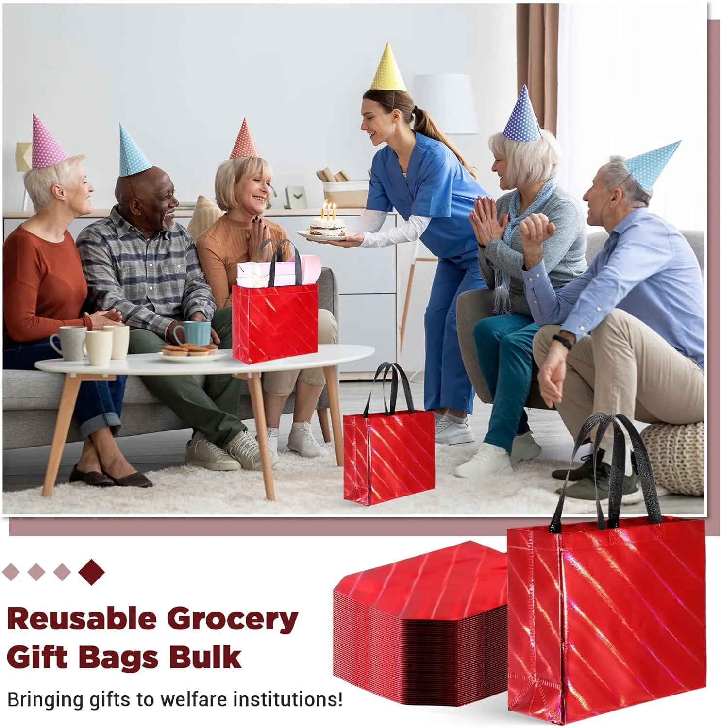 Windyun 50 Pcs Reusable Gift Bags with Handle Shiny Non Woven Holiday Goodie Bags Bulk Twill Laser Shopping Tote for Easter Birthday Wedding Party(Red,12.6x4.7x11 in)