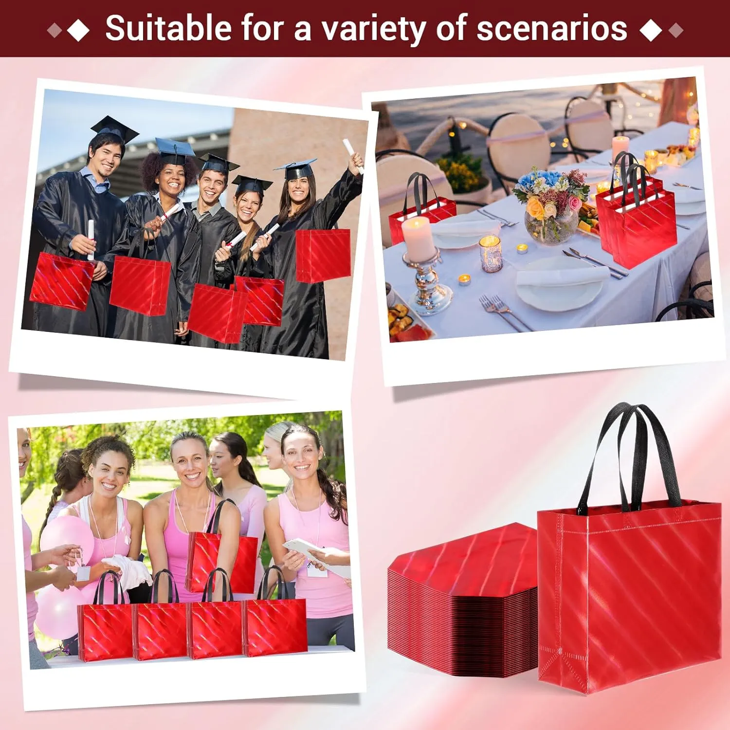 Windyun 50 Pcs Reusable Gift Bags with Handle Shiny Non Woven Holiday Goodie Bags Bulk Twill Laser Shopping Tote for Easter Birthday Wedding Party(Red,12.6x4.7x11 in)