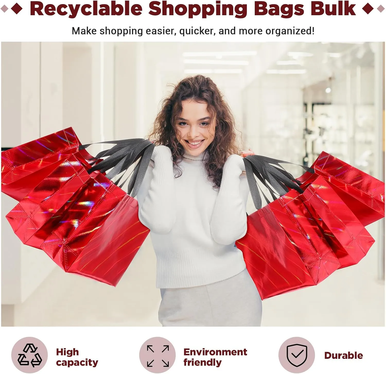 Windyun 50 Pcs Reusable Gift Bags with Handle Shiny Non Woven Holiday Goodie Bags Bulk Twill Laser Shopping Tote for Easter Birthday Wedding Party(Red,12.6x4.7x11 in)