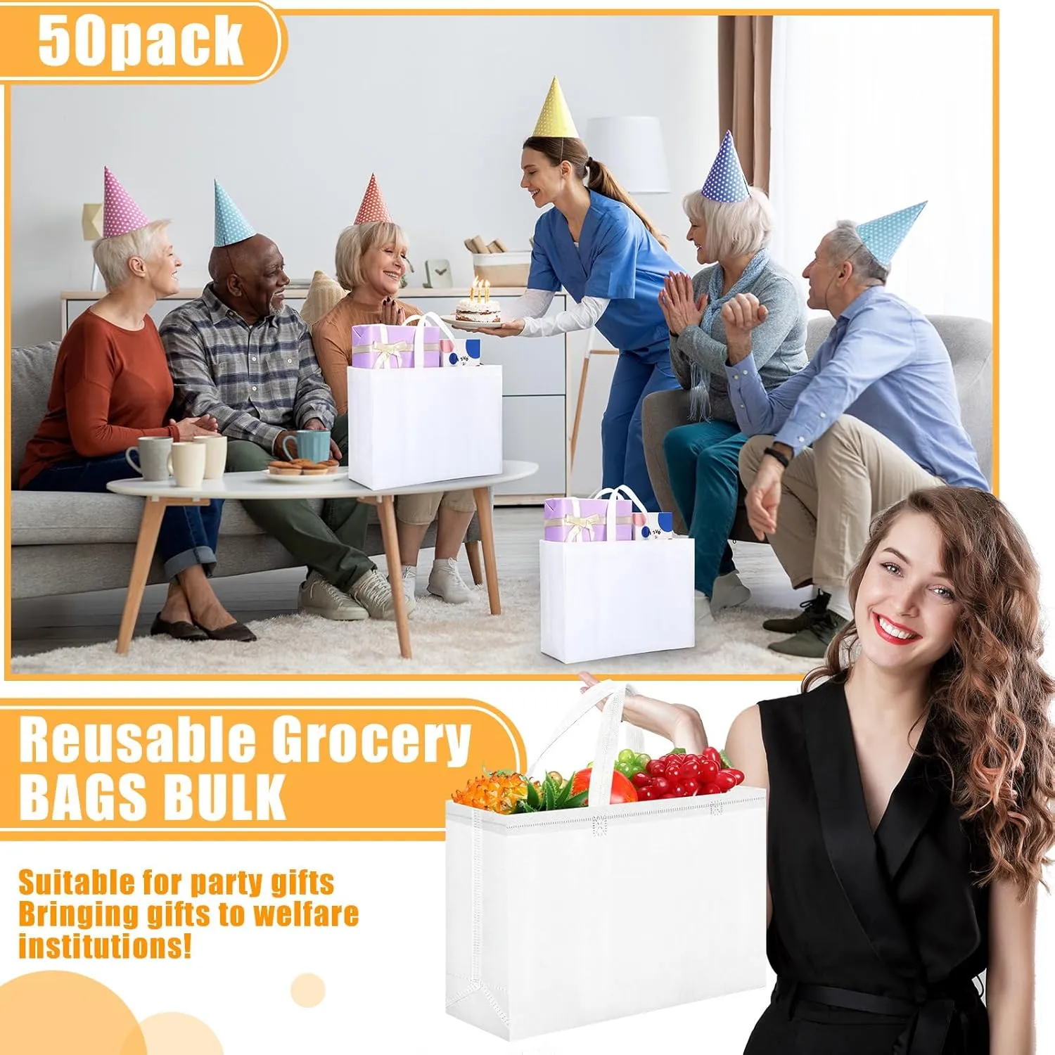Windyun 50 Pieces Reusable Tote Bags Bulk Non Woven Grocery Tote with Handles Reusable Shopping Bags for Party