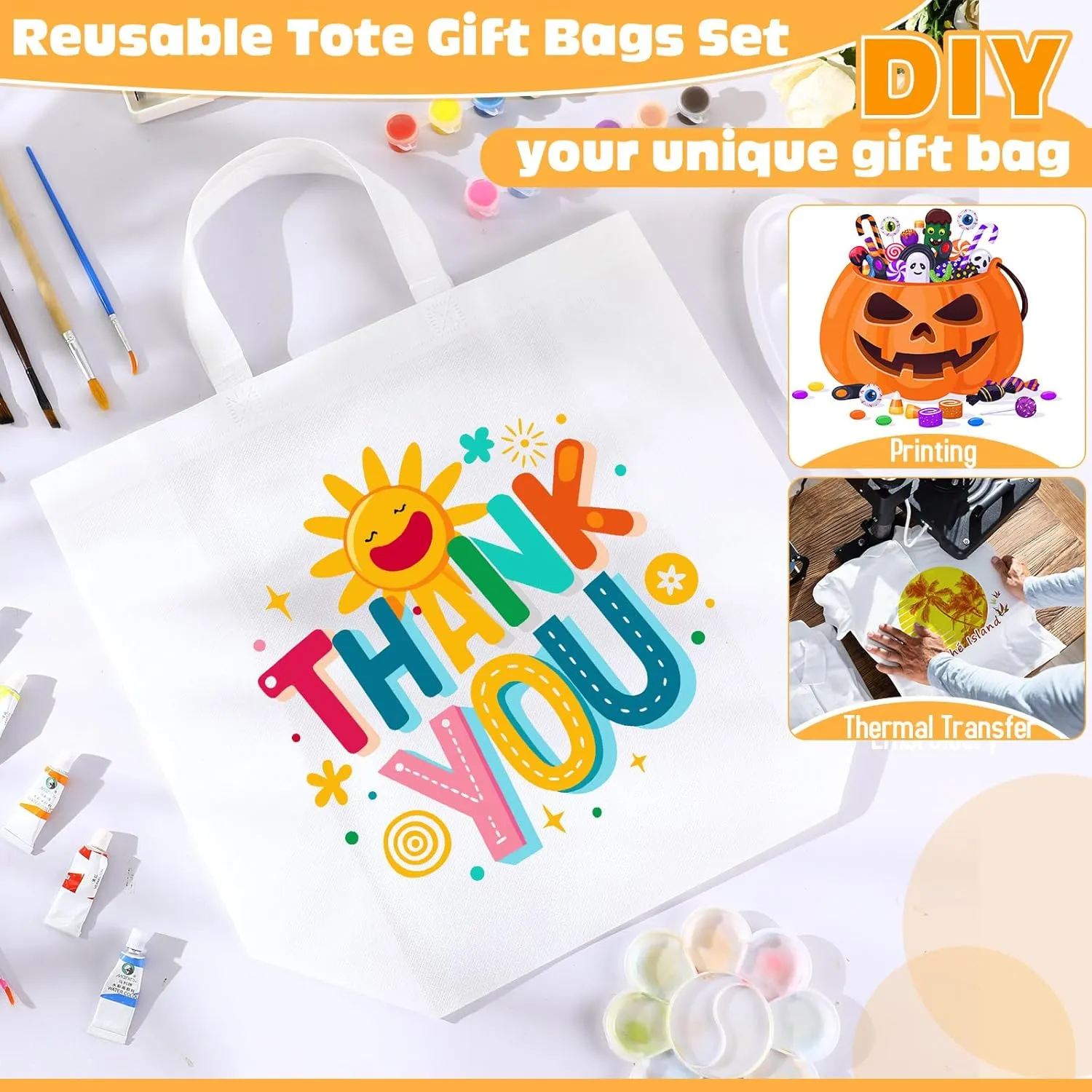 Windyun 50 Pieces Reusable Tote Bags Bulk Non Woven Grocery Tote with Handles Reusable Shopping Bags for Party
