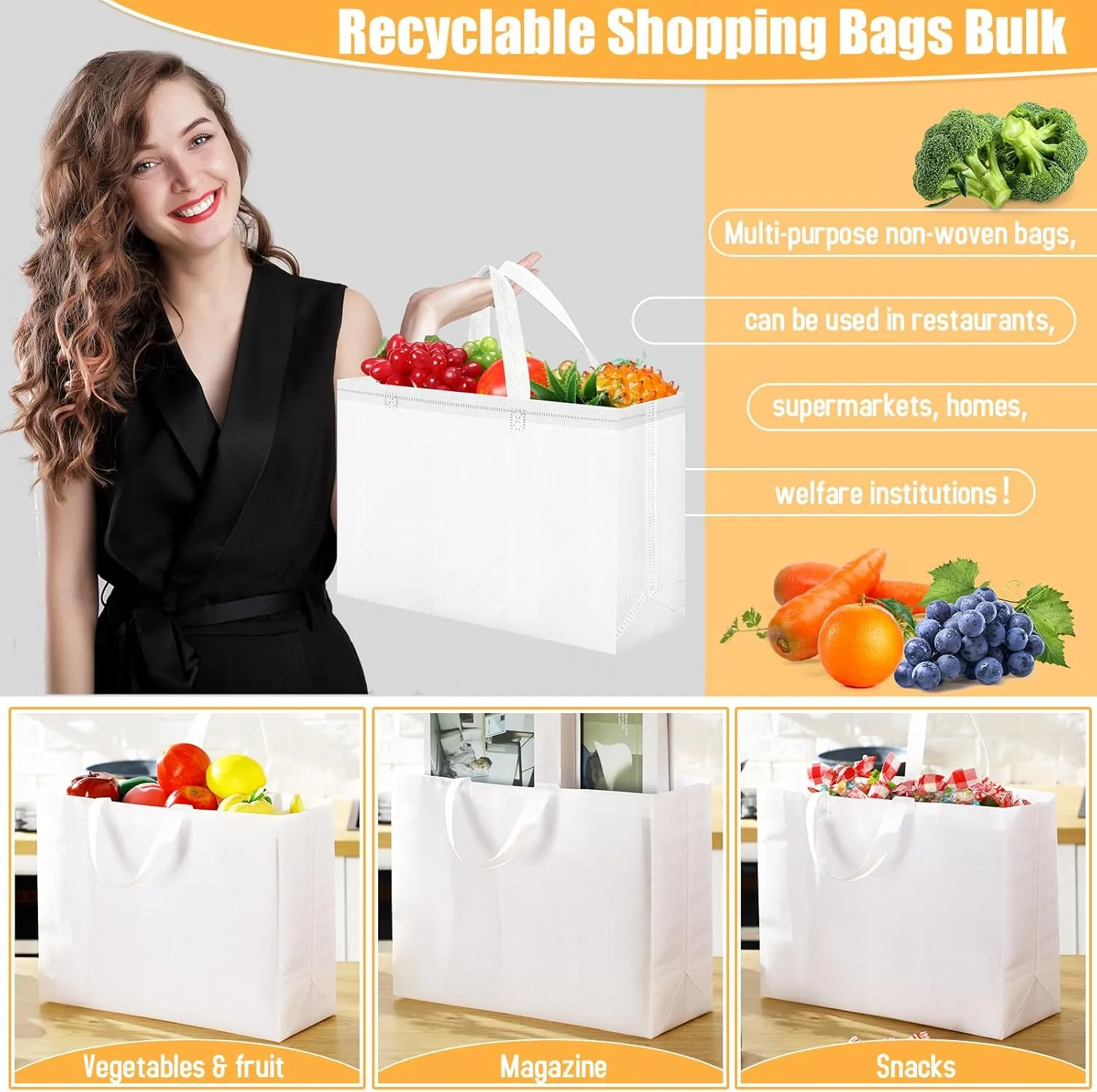 Windyun 50 Pieces Reusable Tote Bags Bulk Non Woven Grocery Tote with Handles Reusable Shopping Bags for Party