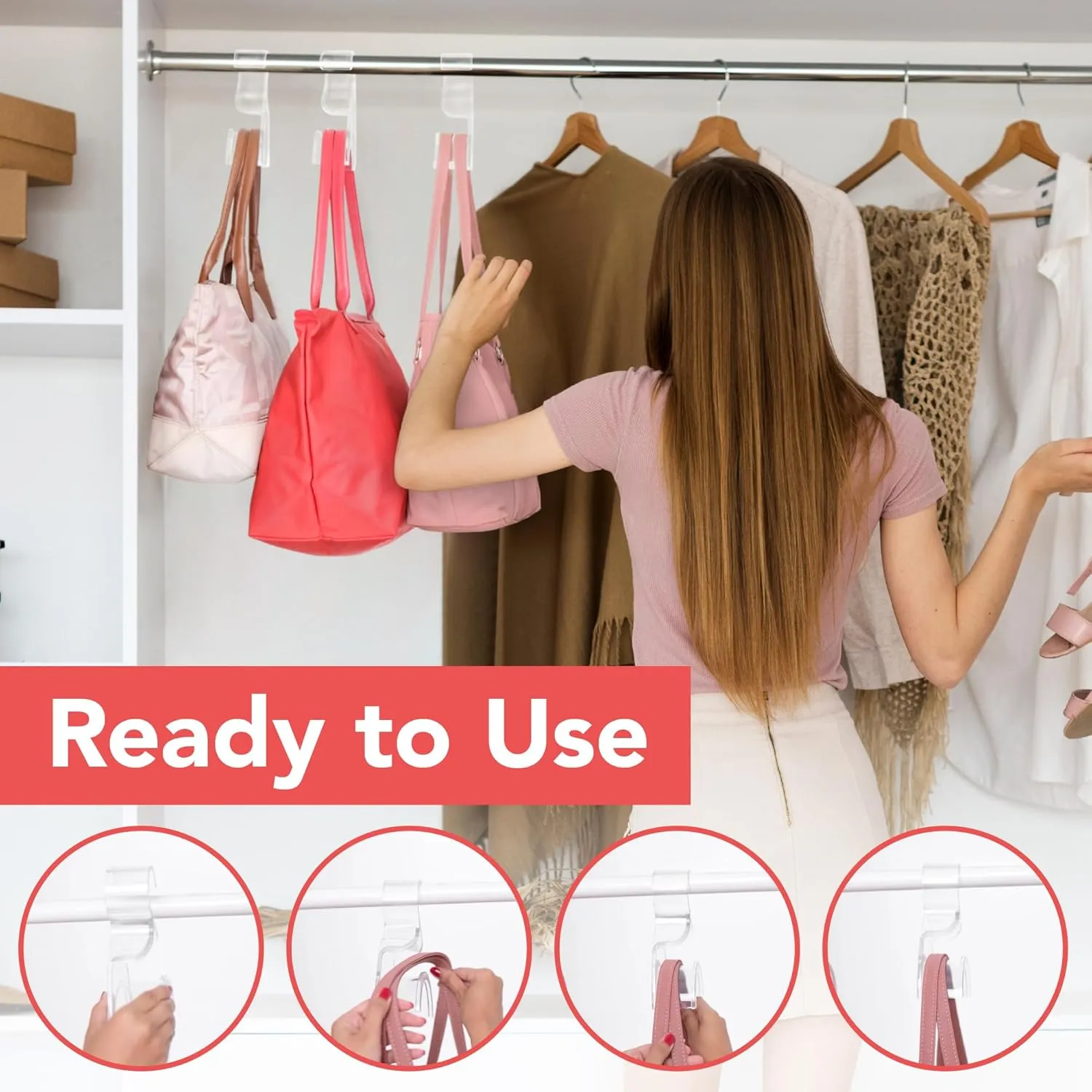 Wiosi Premium Clear Purse Hanger Closet Set of 3 - Durable Acrylic Organizers and Storage Bag Hanger for Luxury Closet - Purse Hanger Holder for Handbags, Premium Backpack Purse Hooks