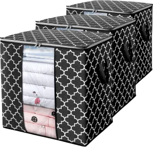 WISELIFE Storage Bags [3 Pack/100L] Large Blanket Clothes Organization and Storage Containers for Comforters,Bedding, Foldable Organizer with Reinforced Handle, Clear Window, Sturdy Zippers,Black
