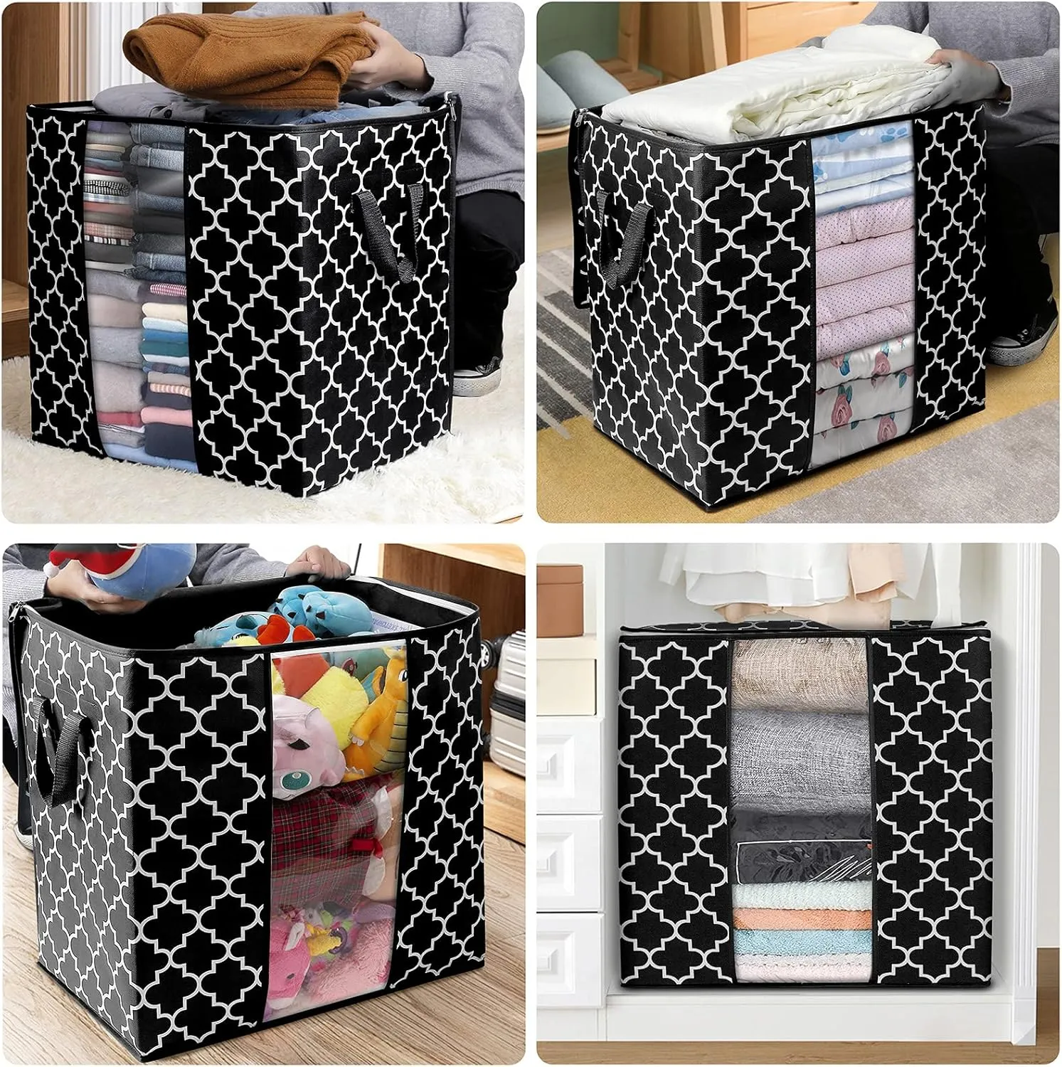 WISELIFE Storage Bags [3 Pack/100L] Large Blanket Clothes Organization and Storage Containers for Comforters,Bedding, Foldable Organizer with Reinforced Handle, Clear Window, Sturdy Zippers,Black