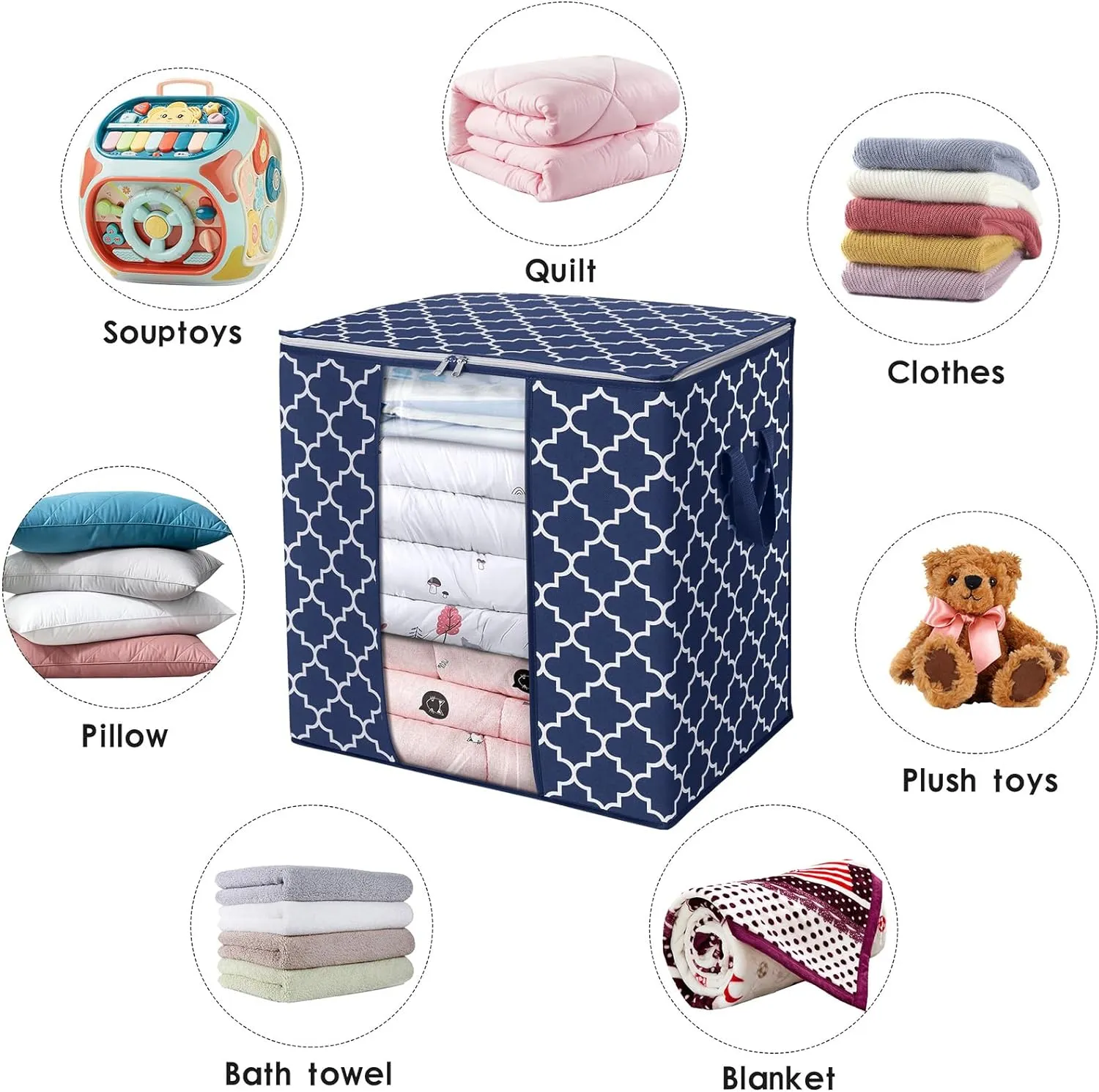 WISELIFE Storage Bags 4 Pack/100L Large Blanket Clothes Organization and Storage Containers for Comforters,Bedding, Foldable Organizer with Reinforced Handle, Clear Window, Sturdy Zippers,Blue