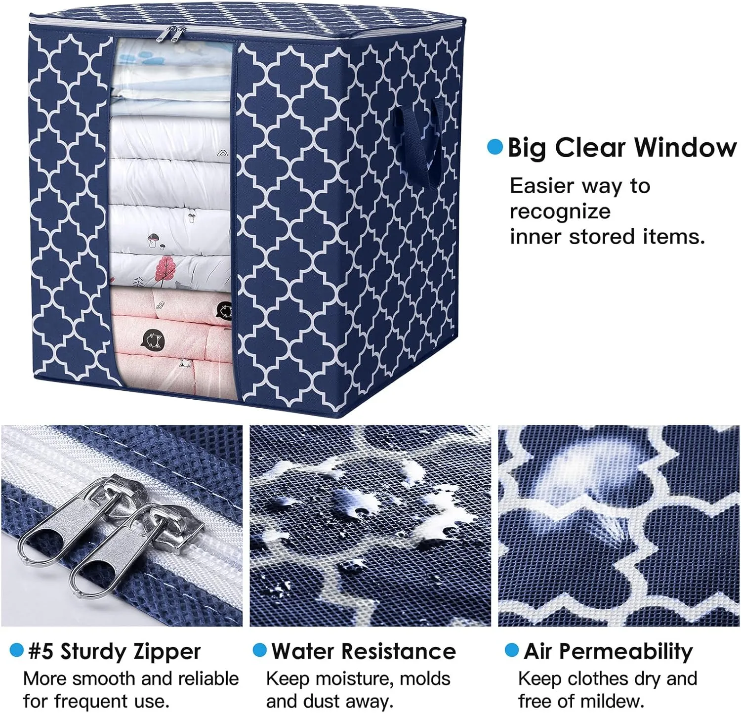 WISELIFE Storage Bags 4 Pack/100L Large Blanket Clothes Organization and Storage Containers for Comforters,Bedding, Foldable Organizer with Reinforced Handle, Clear Window, Sturdy Zippers,Blue