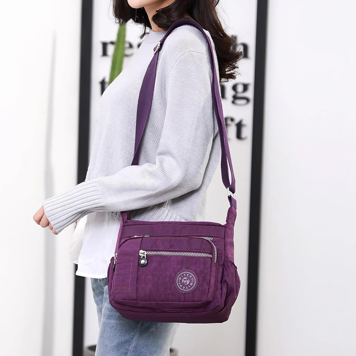 WITERY Nylon Shoulder Bags for Women - Multi-Pocket Zipper Waterproof Travel Purse Casual Small Lightweight Messenger Bag