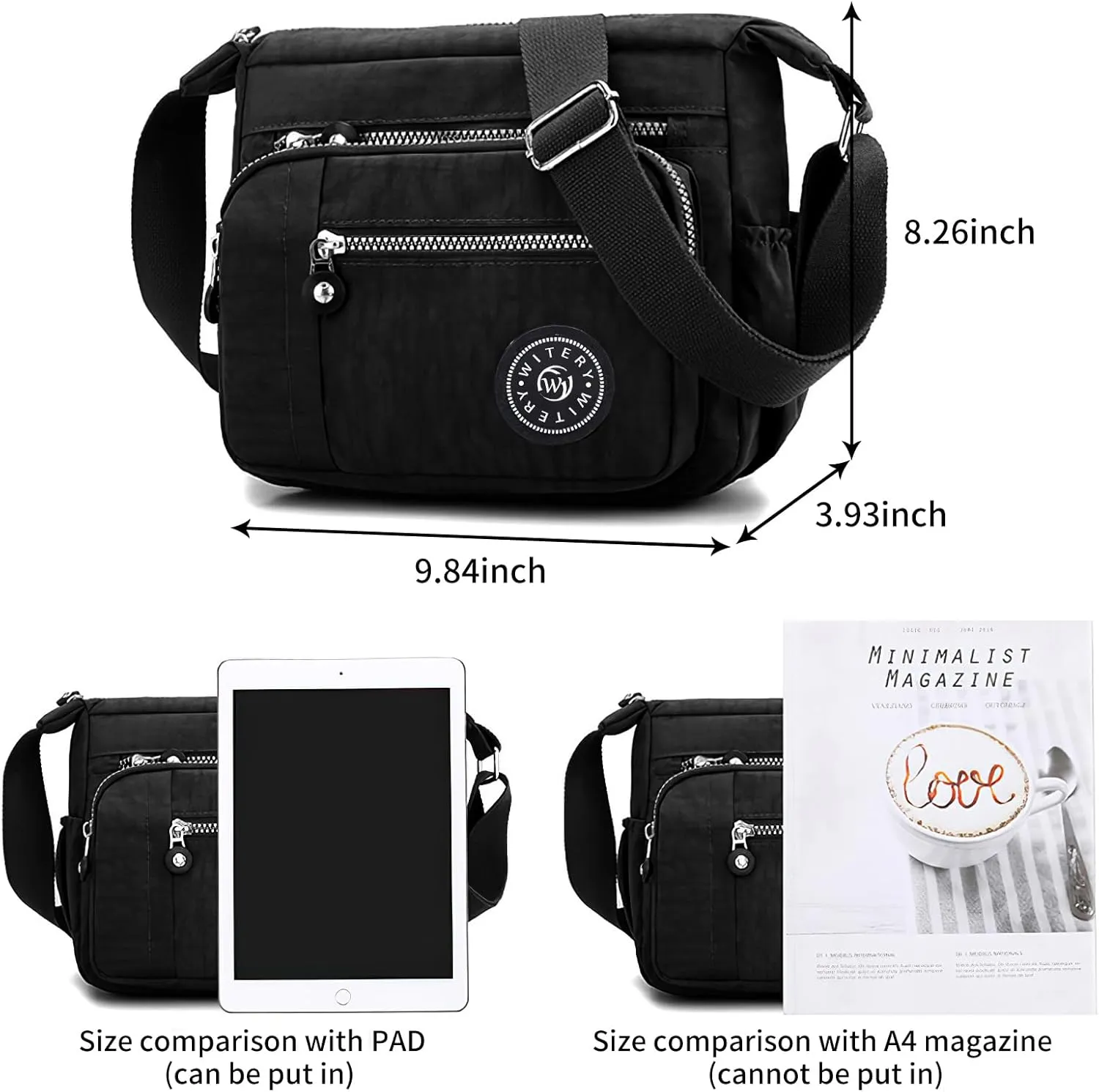 WITERY Nylon Shoulder Bags for Women - Multi-Pocket Zipper Waterproof Travel Purse Casual Small Lightweight Messenger Bag