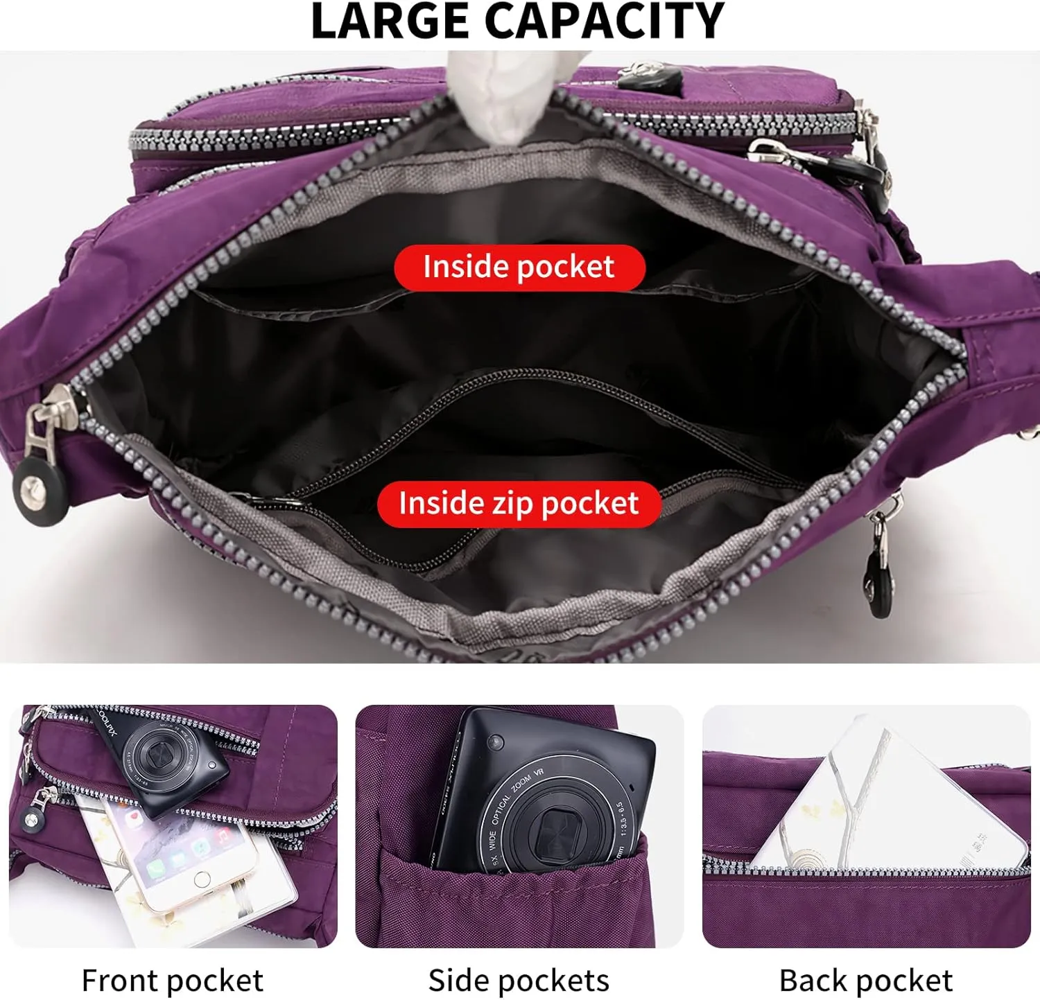 WITERY Nylon Shoulder Bags for Women - Multi-Pocket Zipper Waterproof Travel Purse Casual Small Lightweight Messenger Bag