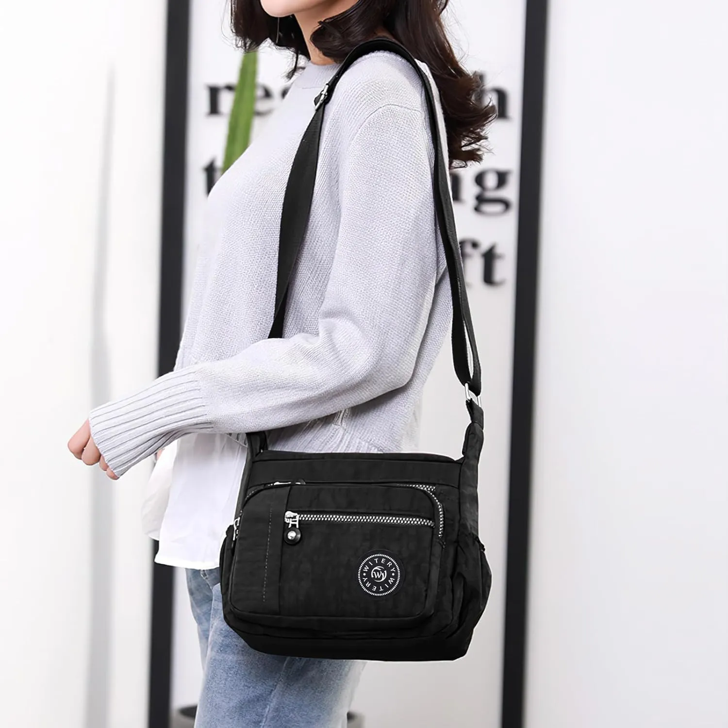WITERY Nylon Shoulder Bags for Women - Multi-Pocket Zipper Waterproof Travel Purse Casual Small Lightweight Messenger Bag