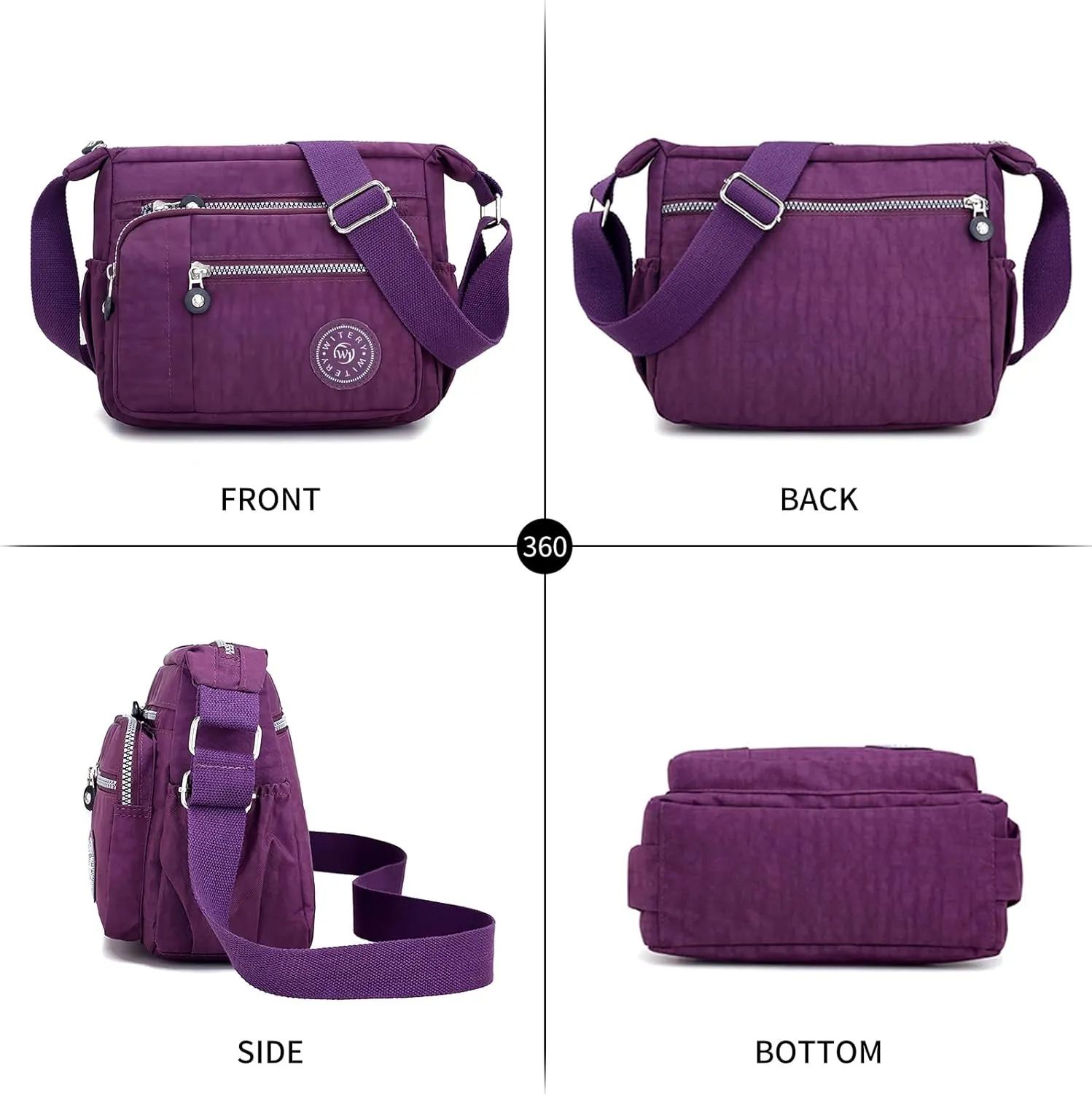 WITERY Nylon Shoulder Bags for Women - Multi-Pocket Zipper Waterproof Travel Purse Casual Small Lightweight Messenger Bag