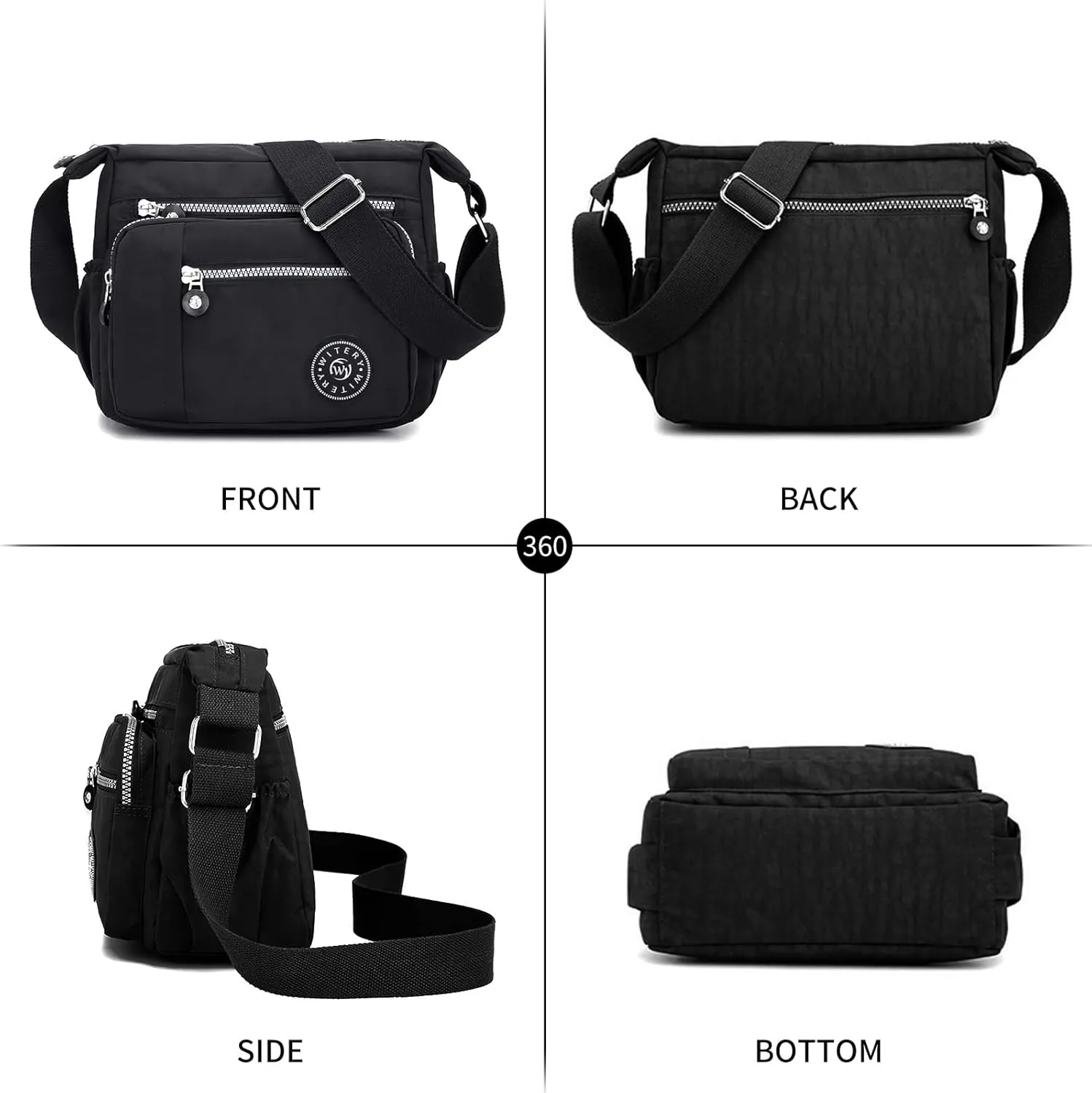 WITERY Nylon Shoulder Bags for Women - Multi-Pocket Zipper Waterproof Travel Purse Casual Small Lightweight Messenger Bag