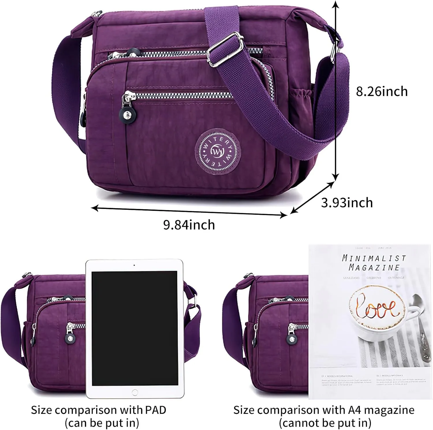 WITERY Nylon Shoulder Bags for Women - Multi-Pocket Zipper Waterproof Travel Purse Casual Small Lightweight Messenger Bag
