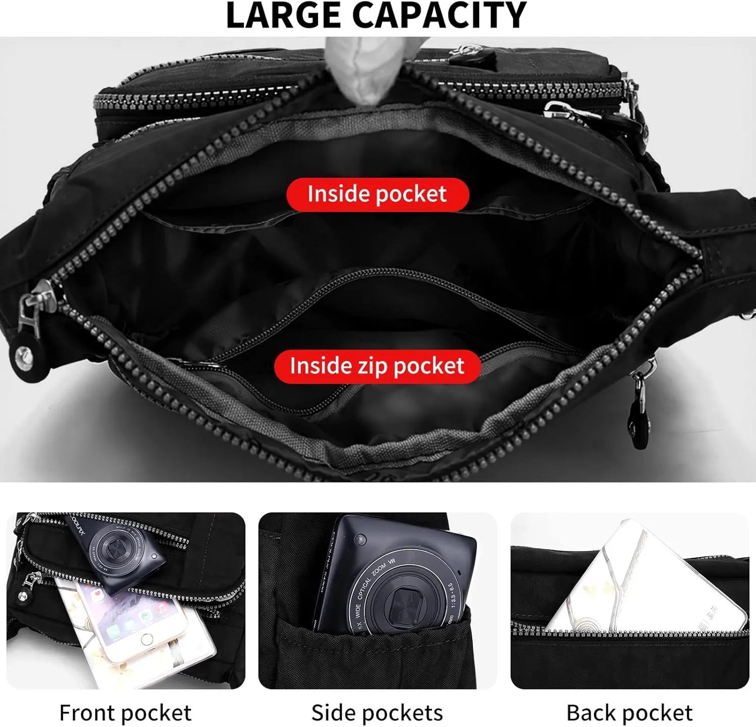 WITERY Nylon Shoulder Bags for Women - Multi-Pocket Zipper Waterproof Travel Purse Casual Small Lightweight Messenger Bag