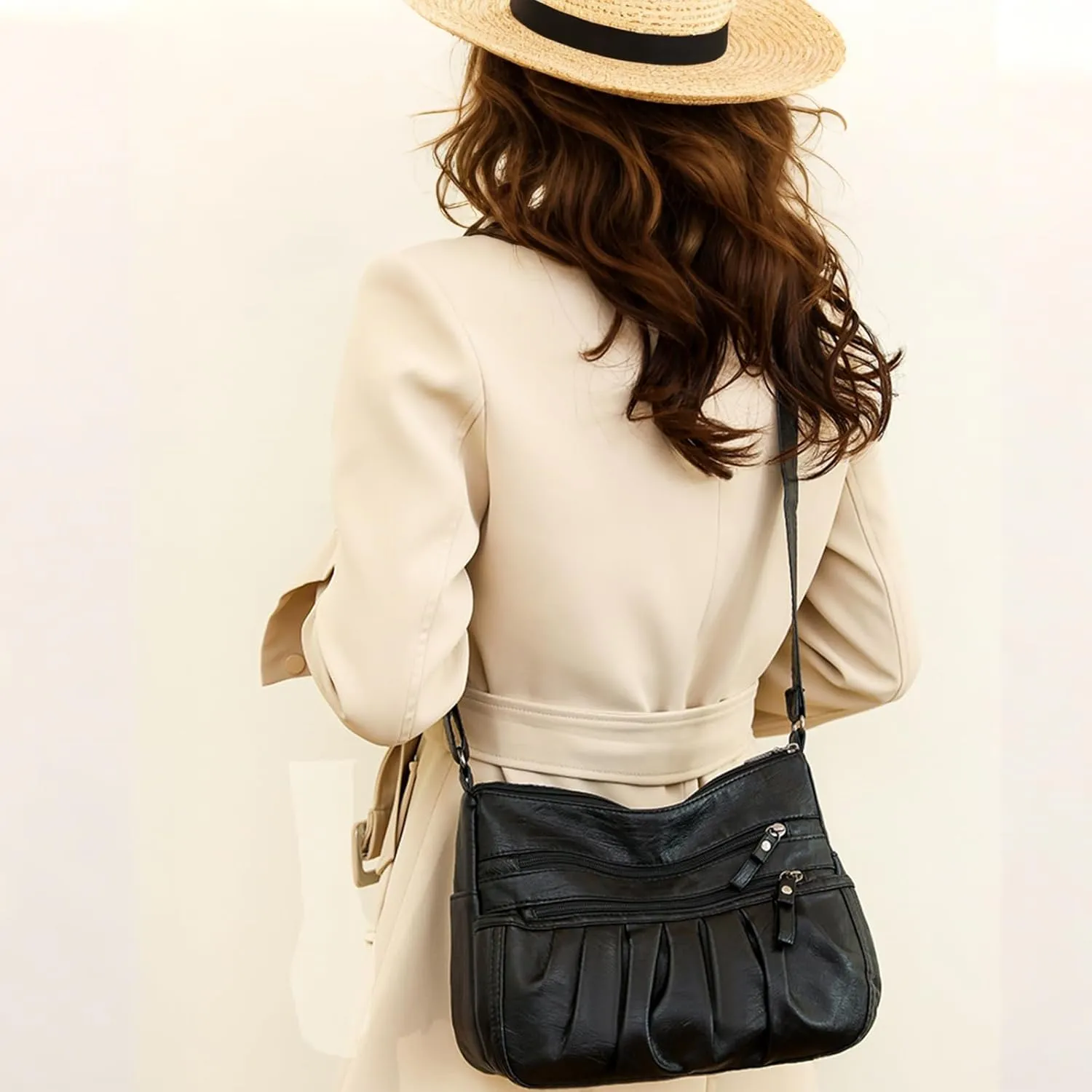 WITERY Soft Leather Multi-Pocket Shoulder Bag for Women - Retro Sling Ruched Hobo Tote Bag