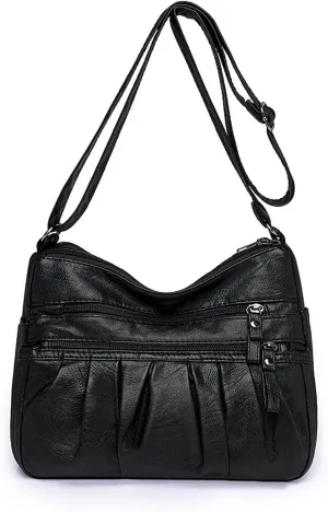 WITERY Soft Leather Multi-Pocket Shoulder Bag for Women - Retro Sling Ruched Hobo Tote Bag