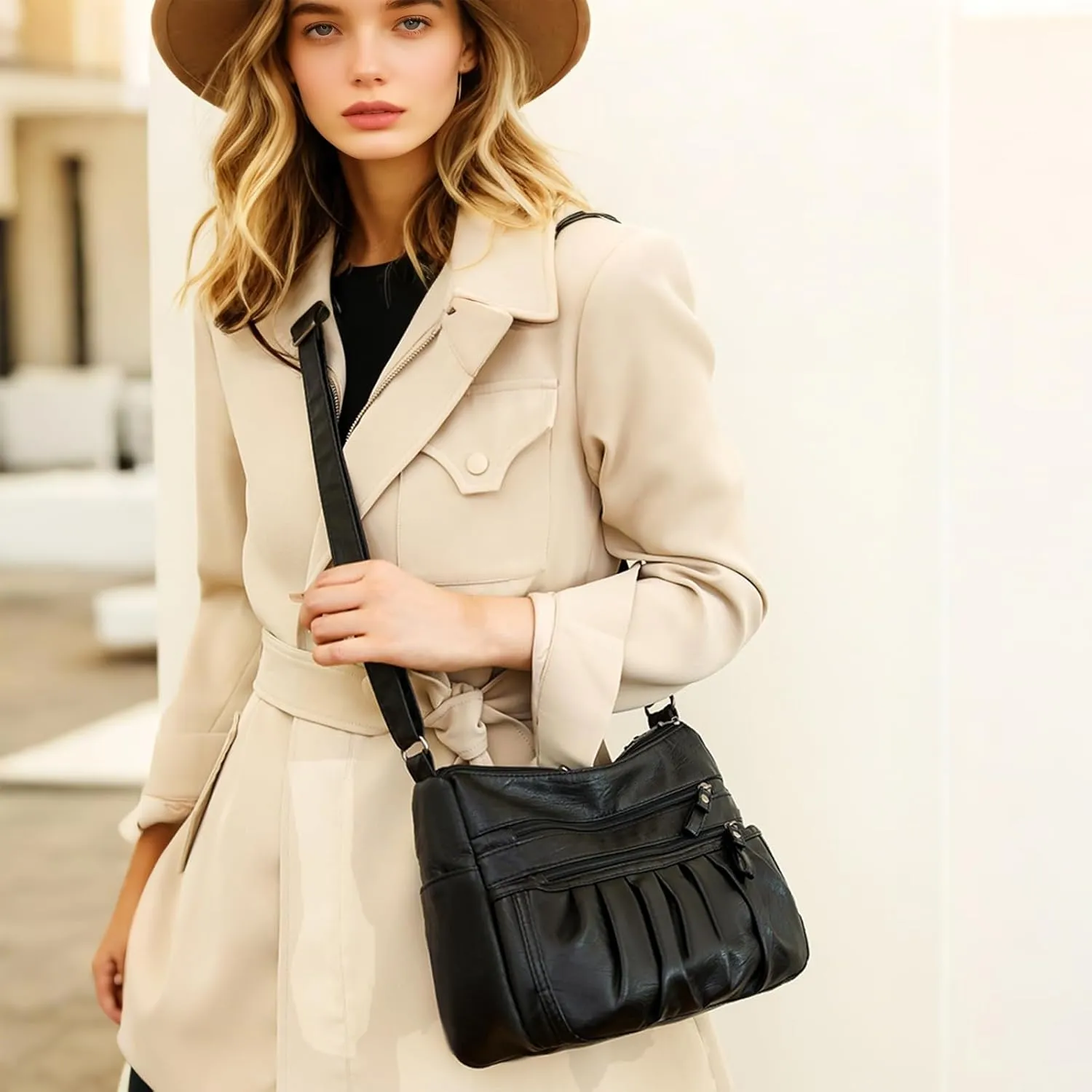 WITERY Soft Leather Multi-Pocket Shoulder Bag for Women - Retro Sling Ruched Hobo Tote Bag