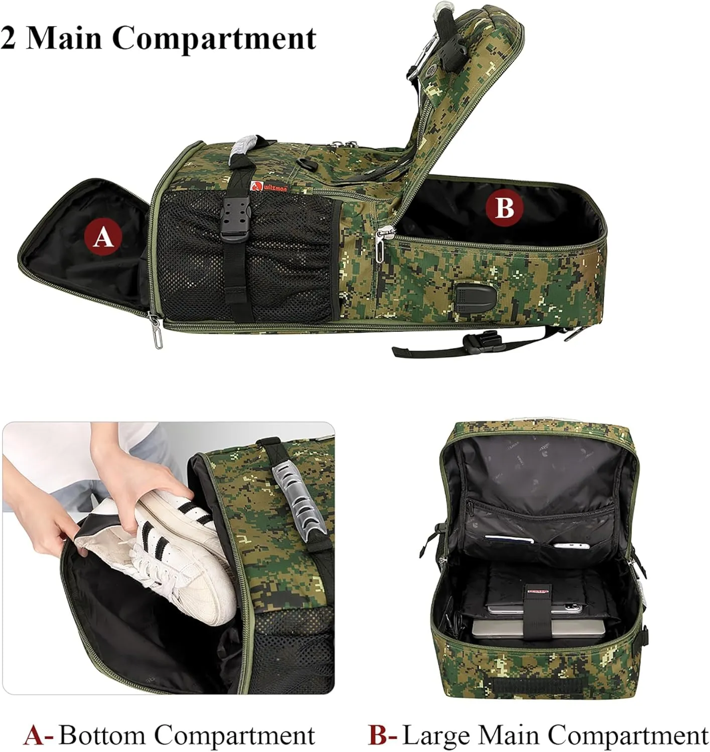 WITZMAN Digital Camo Backpack for men Convertible Travel Backpack Duffle Bag Fit 17 Inch Laptop Carry On Bags (B681 Camo Green)
