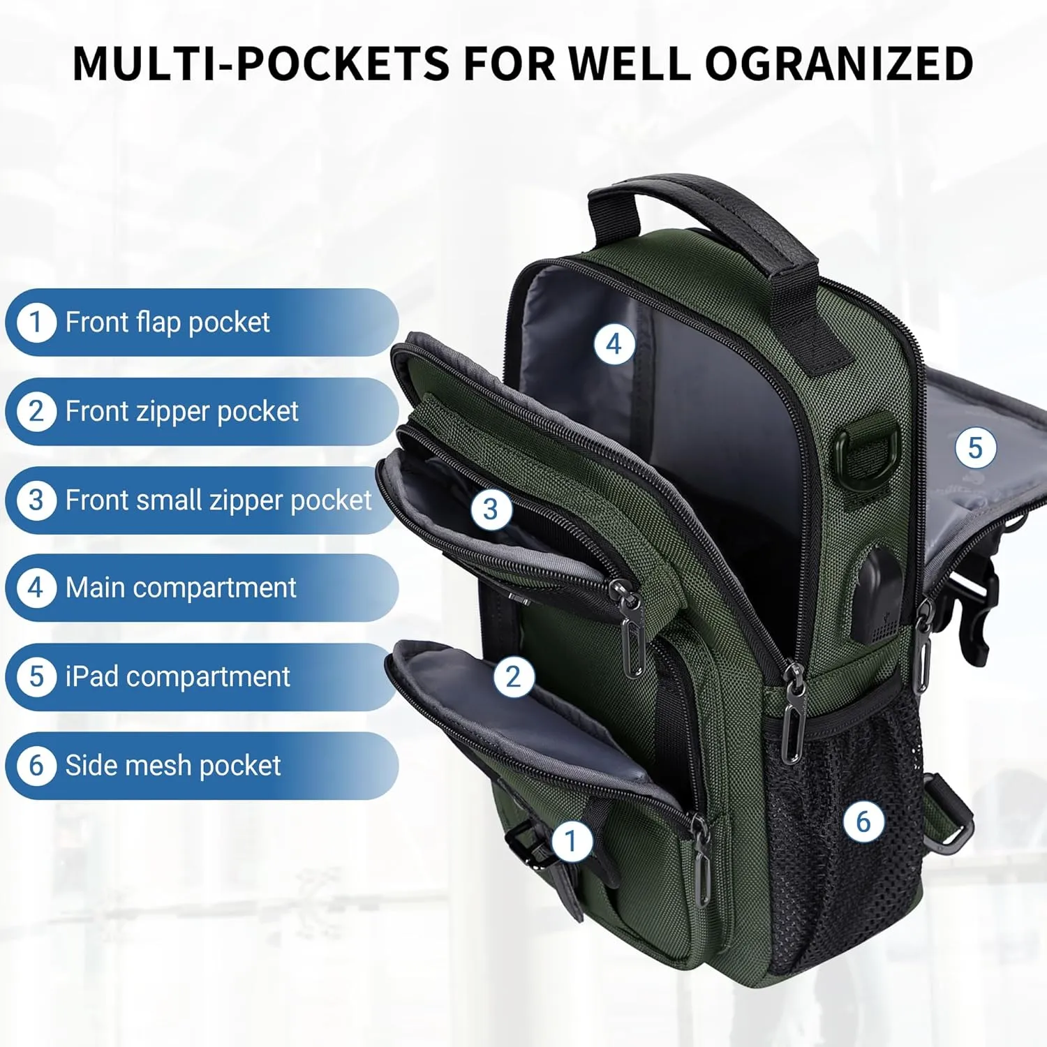 WITZMAN Sling Bag for Men Convertible Travel Sling Backpack USB Charging Port Lightweight Crossbody Bags Casual Daypack（B698 Army Green）