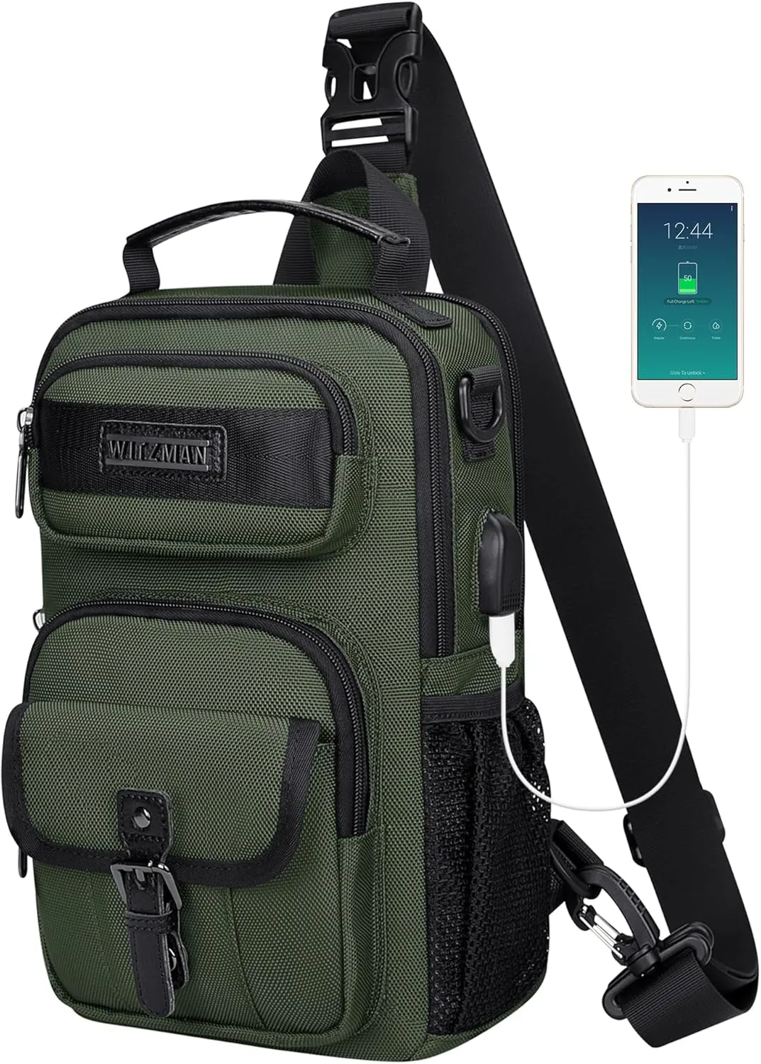 WITZMAN Sling Bag for Men Convertible Travel Sling Backpack USB Charging Port Lightweight Crossbody Bags Casual Daypack（B698 Army Green）