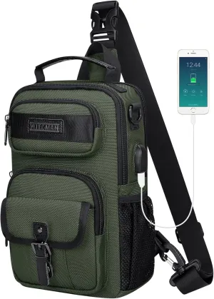 WITZMAN Sling Bag for Men Convertible Travel Sling Backpack USB Charging Port Lightweight Crossbody Bags Casual Daypack（B698 Army Green）
