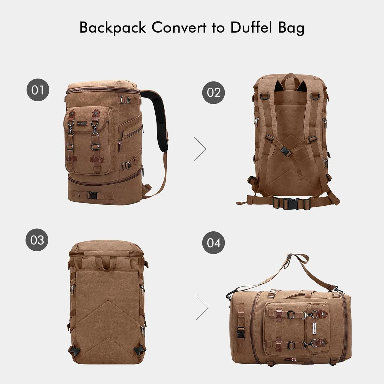 WITZMAN Travel Backpack for Men Women Canvas Backpack Carry on Luggage Rucksack Convertible Duffel Bag Large