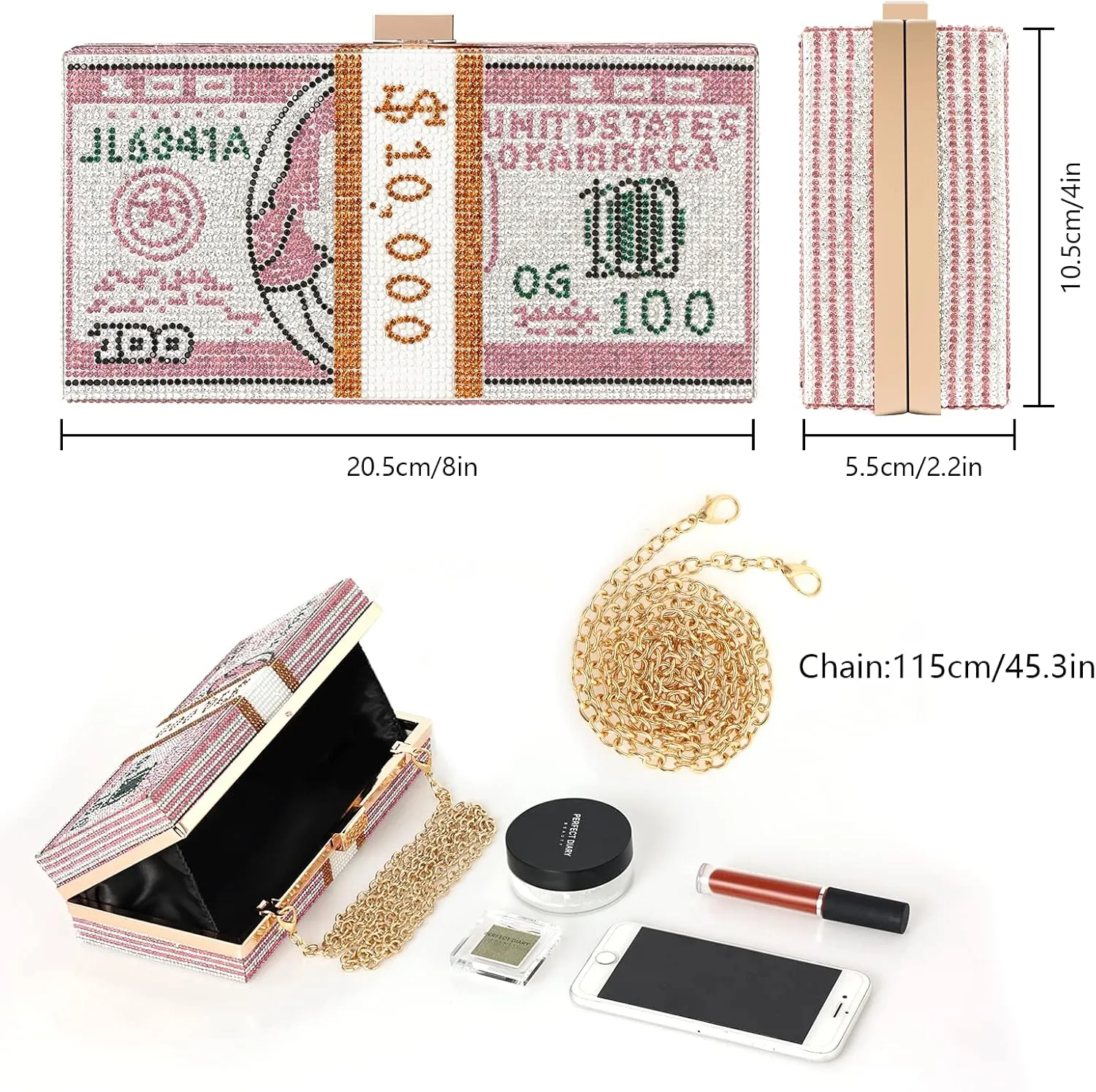 WJCD Money Clutch Purses Rhinestone Crossbody Purse Unique Evening Clutch Handbag Shoulder Bag Money Purses Crossbody Bag