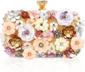 Women Flower Evening Handbag 3D Floral Beaded Handbag Chain Strap Clutch Purses for Women Banquet Prom