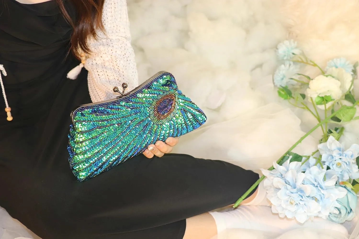 Women Peacock Evening Clutch Purse Sequins Beaded Evening Bag Kiss Lock for Cocktail Wedding Prom Party
