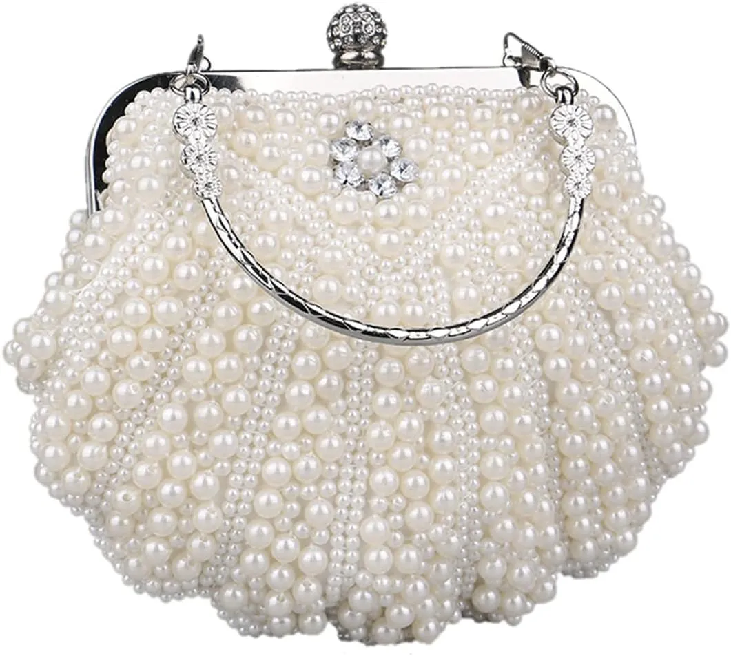 Women Pearl Clutch Purse Crystal Floral Shell Shape Lady's Beaded Bag Detachable Chain Pearl Handbag for Wedding Party White
