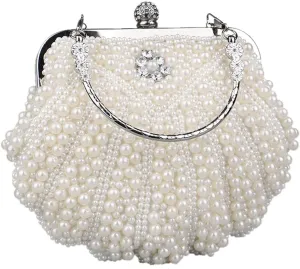 Women Pearl Clutch Purse Crystal Floral Shell Shape Lady's Beaded Bag Detachable Chain Pearl Handbag for Wedding Party White