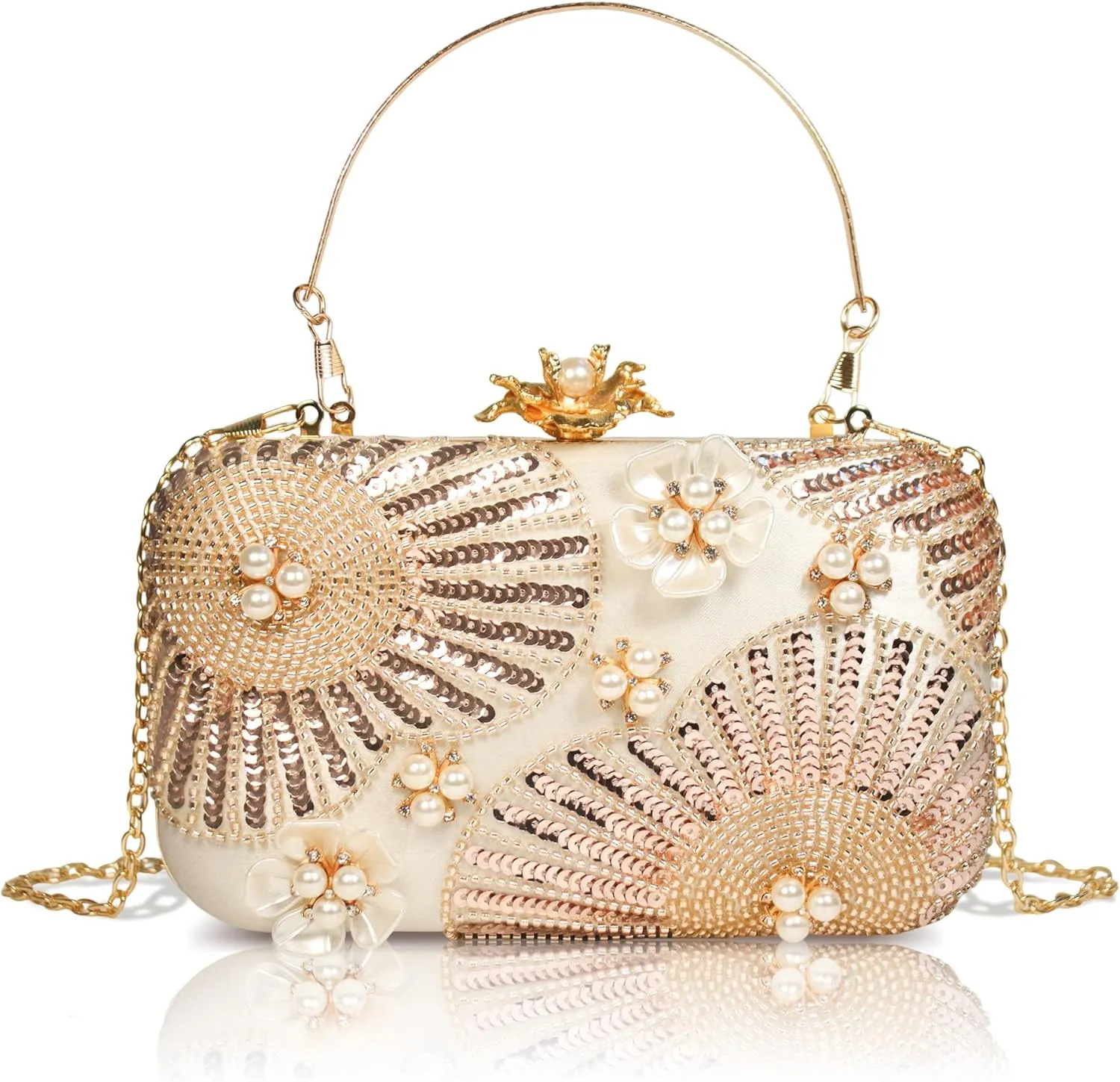 Women Pearls Beaded Clutch Flower Sequins Evening Handbag Chain Strap Shoulder Bag